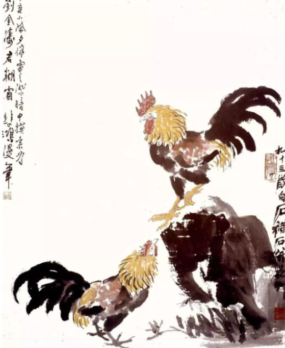 1947年，徐悲鸿铺开宣纸，挥笔画下两只雄鸡。画到一半——啪，停电了。他搁下笔笑