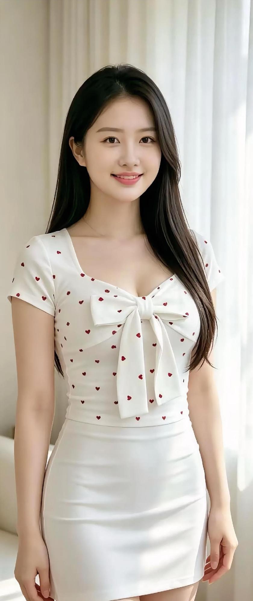 白裙缀满小红心胸前一朵蝴蝶结系住温软的光阴帘影把午后滤得轻轻长发垂落