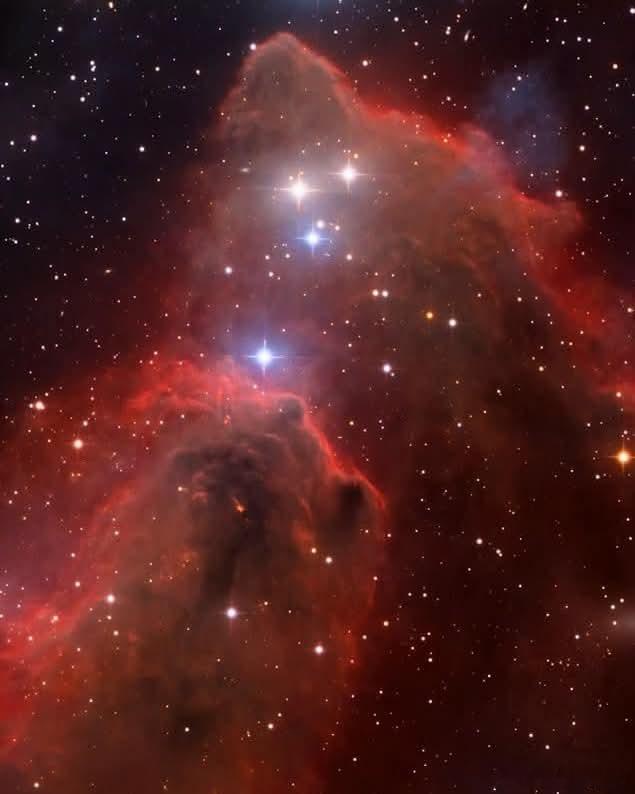 在猎户座，光与影共用同一片云，Sharpless2-278在那里燃烧着红色，