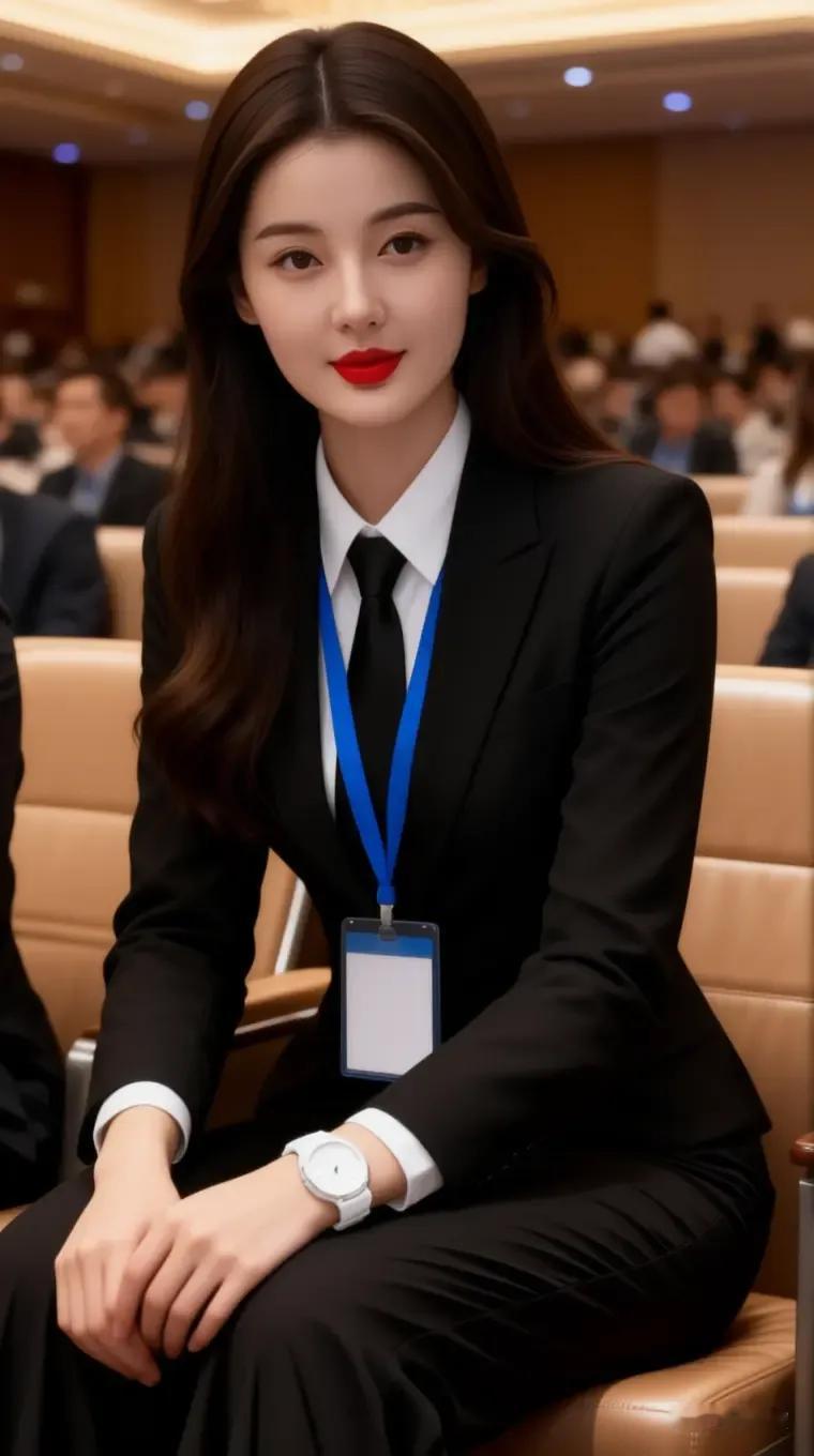 职场精英风范，自信满满，红唇黑裙，尽显优雅！