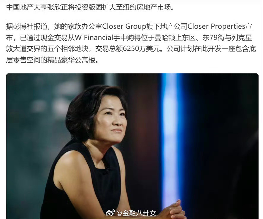 潘石屹妻子张欣将在曼哈顿建造豪华公寓外媒报道，潘石屹妻子张欣斥资6250万美元购