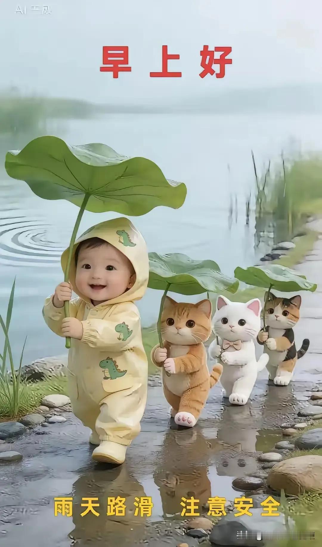 萌娃与三只猫共撑荷叶伞，雨天漫步小溪边，注意安全哦！🌧️🐱🐱🐱