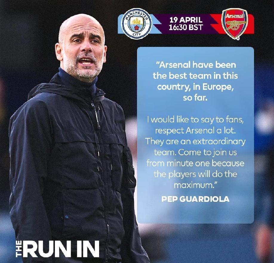 理论上，曼城可以在10天后的4月23日超越阿森纳，登顶英超榜首。只要它在和阿森纳