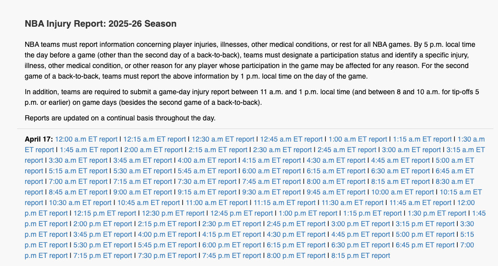 联盟官方的伤病报告名单每15分钟更新一次，杜兰特就是在美国东部时间晚上八点这次更