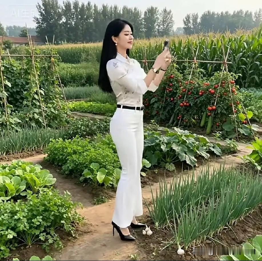 农家菜园拍个照，天然蔬菜最可靠。满园青翠成色好，拍照美女是大嫂。大嫂长得