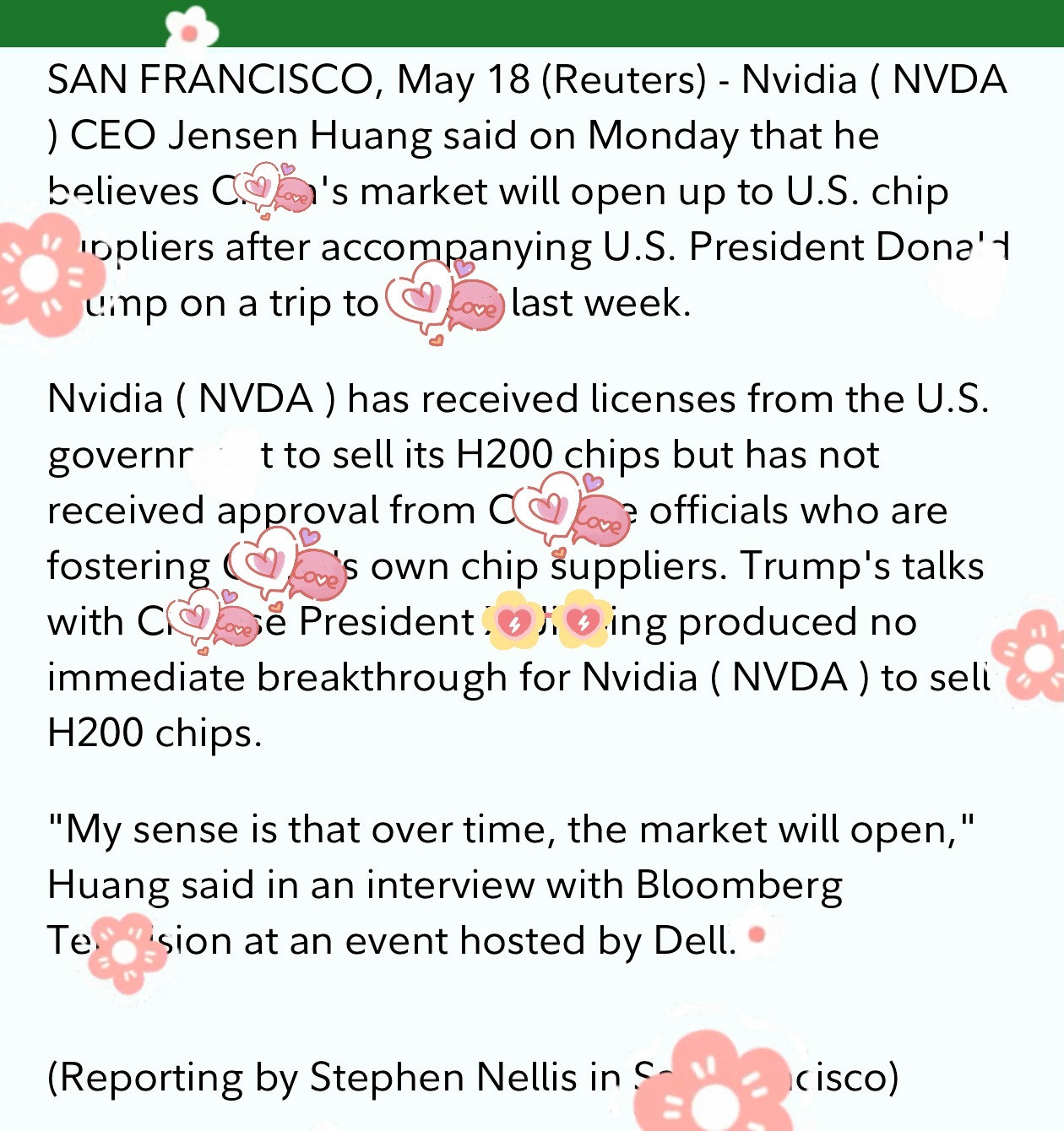 NvidiaCEO接受BloombergTV采访：收到了这边批准卖H200的