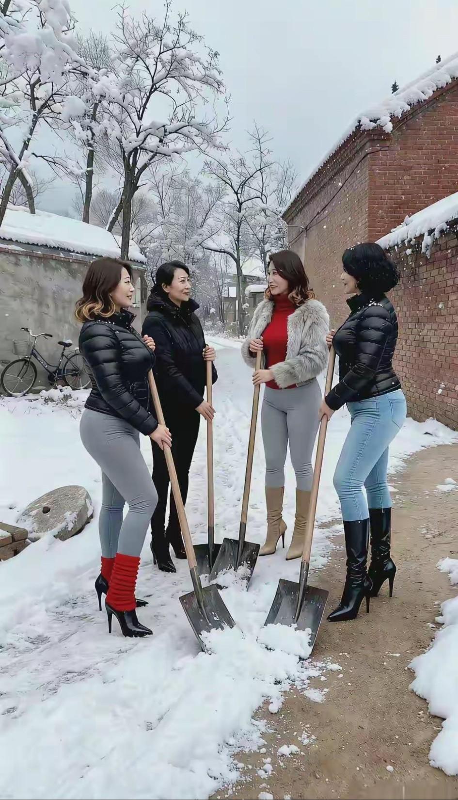 四美女铲雪图很唯美，但我严肃的指出了瑕疵：装备铁锹很实用，但天冷冻手应佩戴手套；