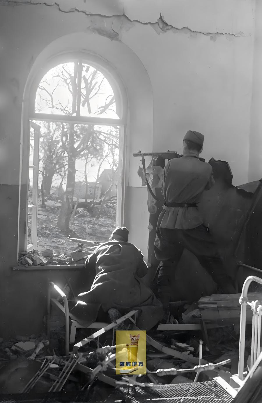 1942年，高加索，图阿普谢东北方向。苏军战士在一栋建筑的窗口向德军开火。从装备