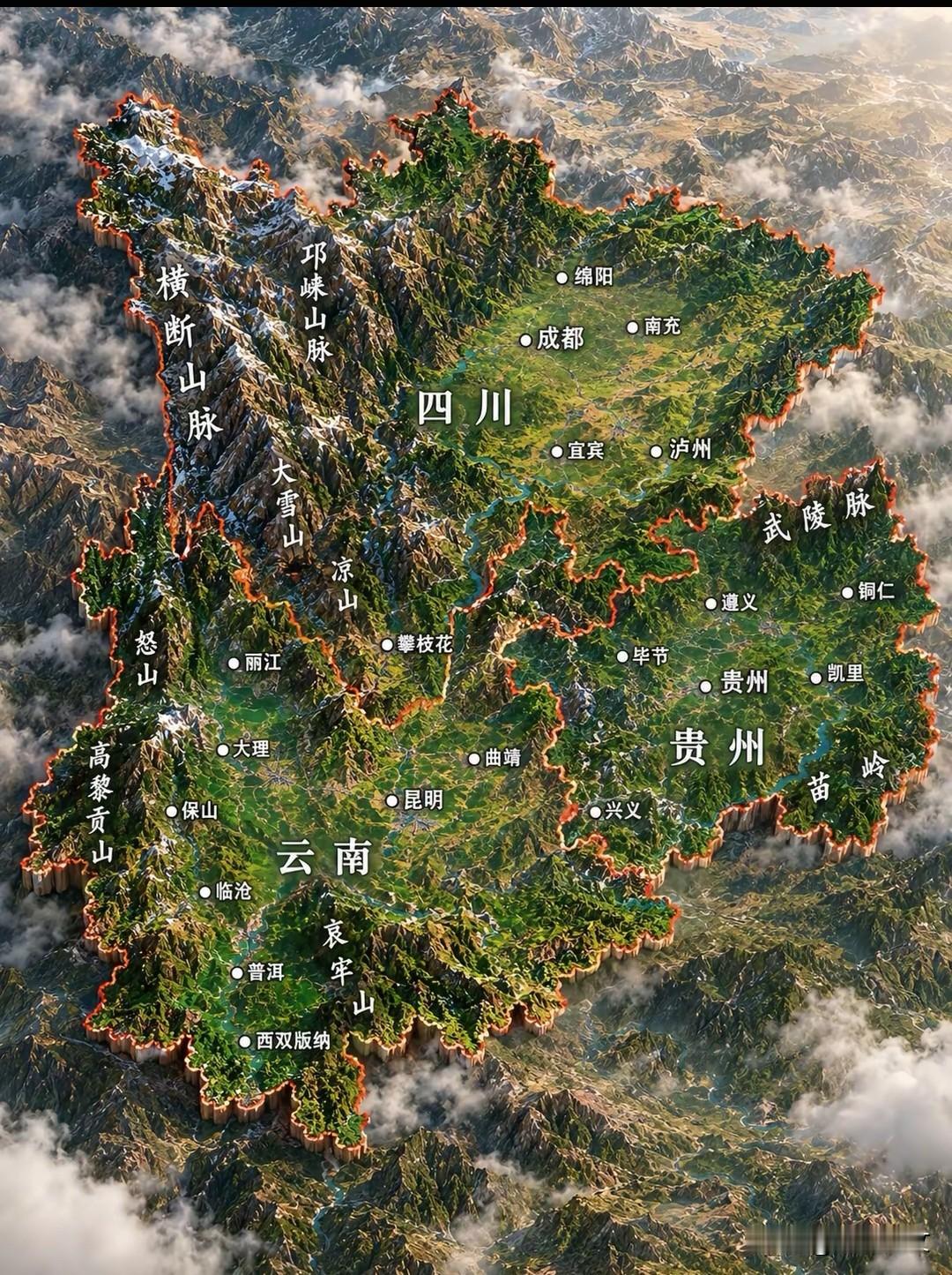 川、云、贵三省的立体地形图那隆起的山脉、深陷的河谷、错落的高原与盆地，一眼便能读