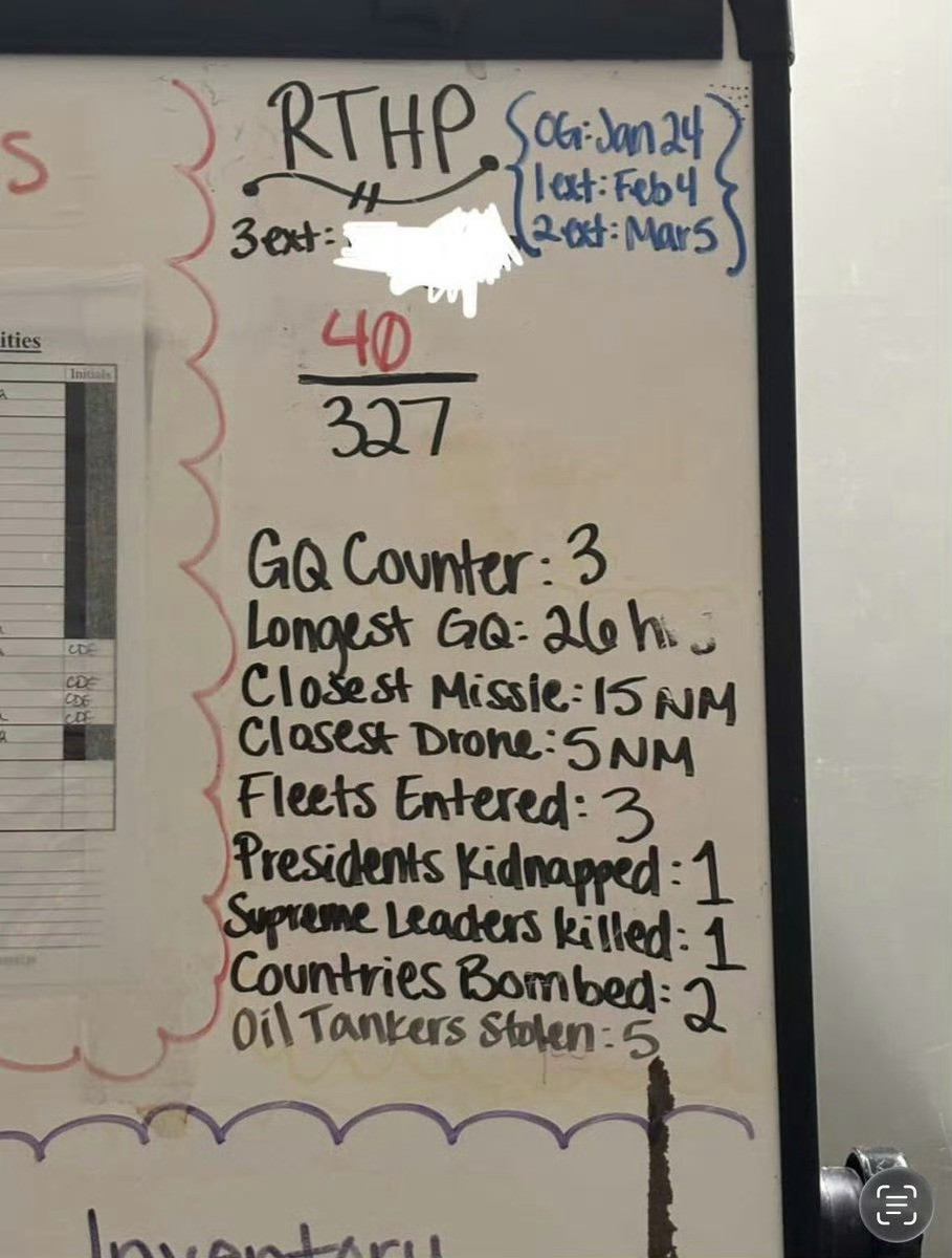 福特号的白板照片正在美国OSINT之间广为流传。已部署327天，剩余40天。