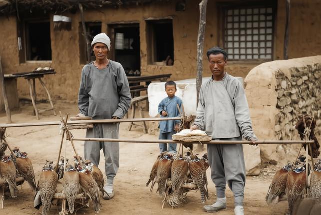 晚清至民国初年，两名从蒙古草原来到北京贩鹰的商贩，用扁担挑着数十只猎鹰，这些鹰被