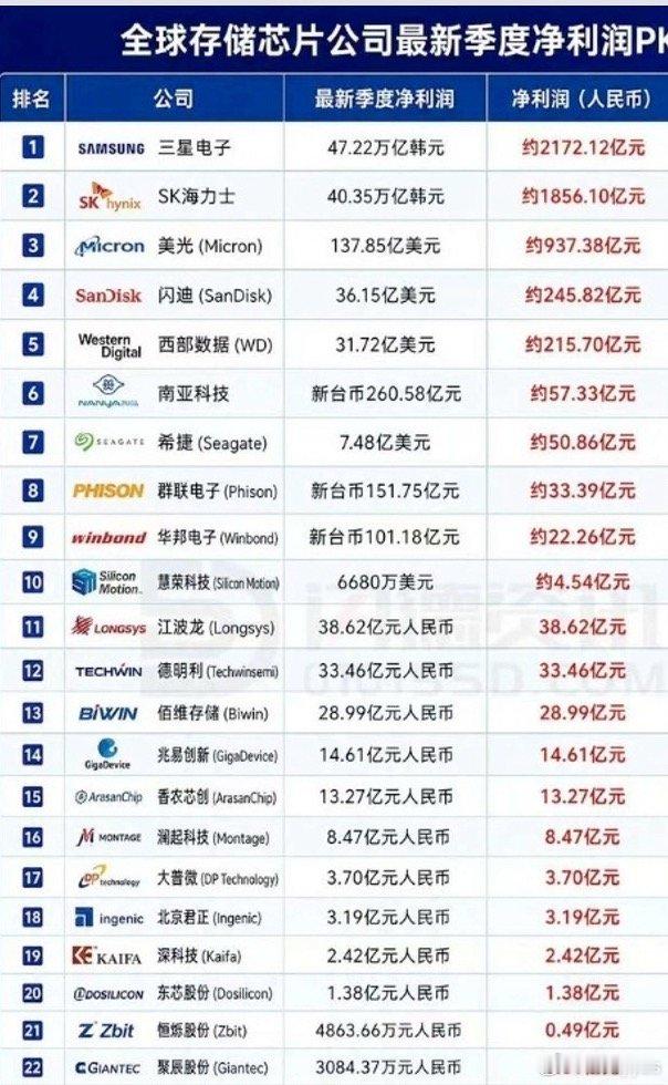 最新全球储存芯片公子利润pk排名