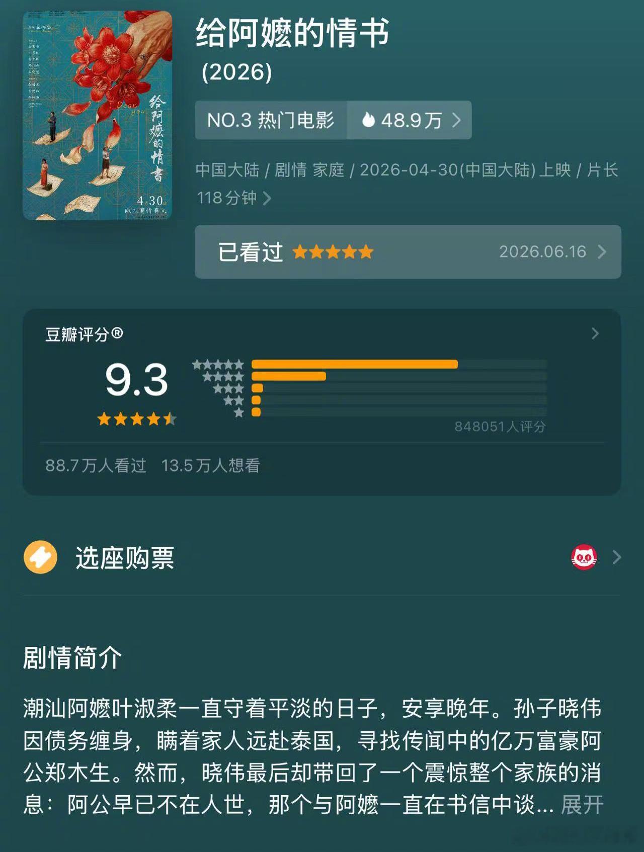 给阿嬷的情书评分已达9.3分！距离上一次出现9.3分的华语院线电影是24年