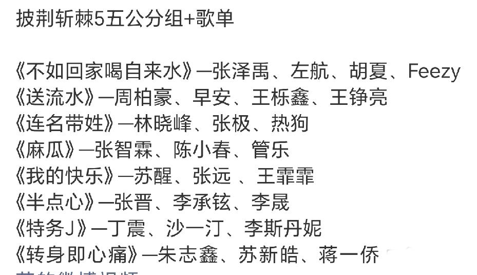 披荆斩棘五公歌单已出，好多神奇的组合啊！四公没有淘汰，五个战队全部进入五公，这