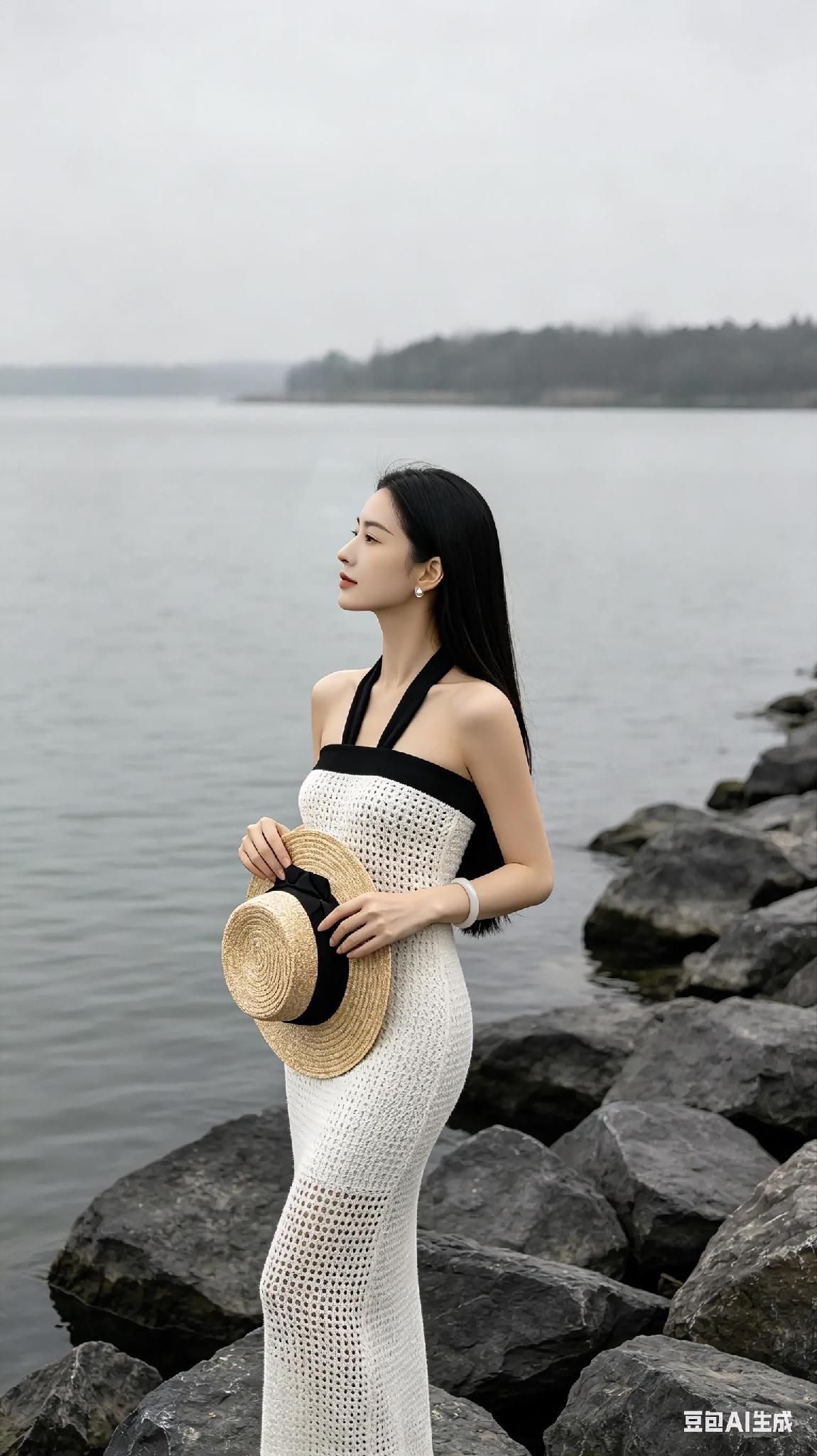 一位女士在湖边看风景，优雅又迷人。湖边散步照湖边美人景湖畔气质照湖