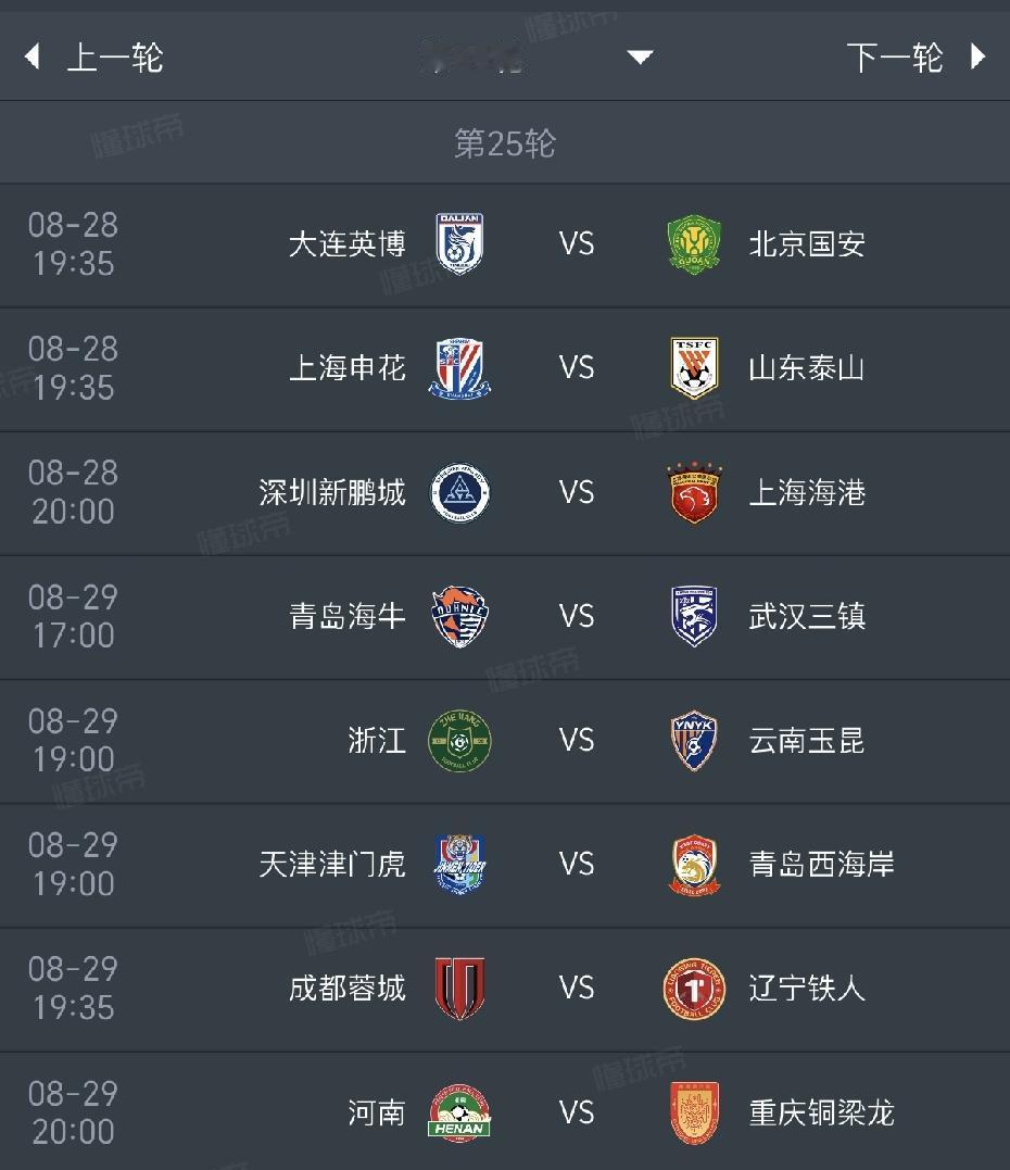 中超第25轮，8场比赛比分预测：大连英博VS北京国安（2-2）上海申花VS