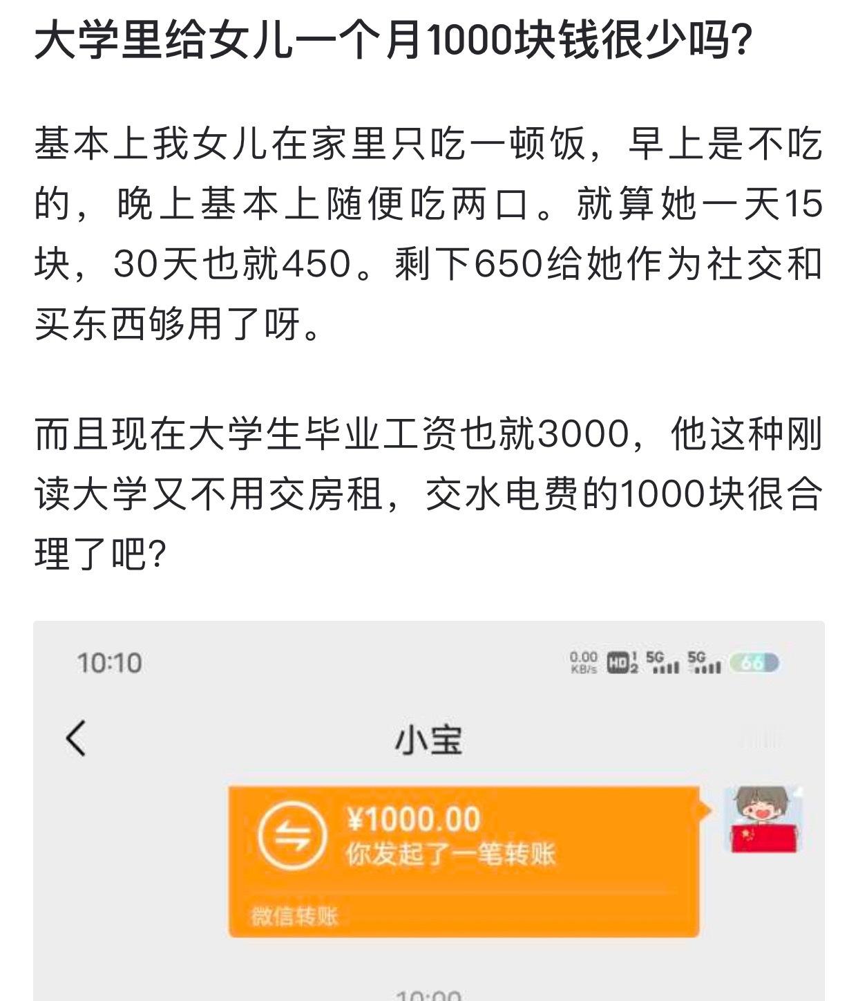 网友：大学里给女儿一个月1000块钱很少吗？​​​