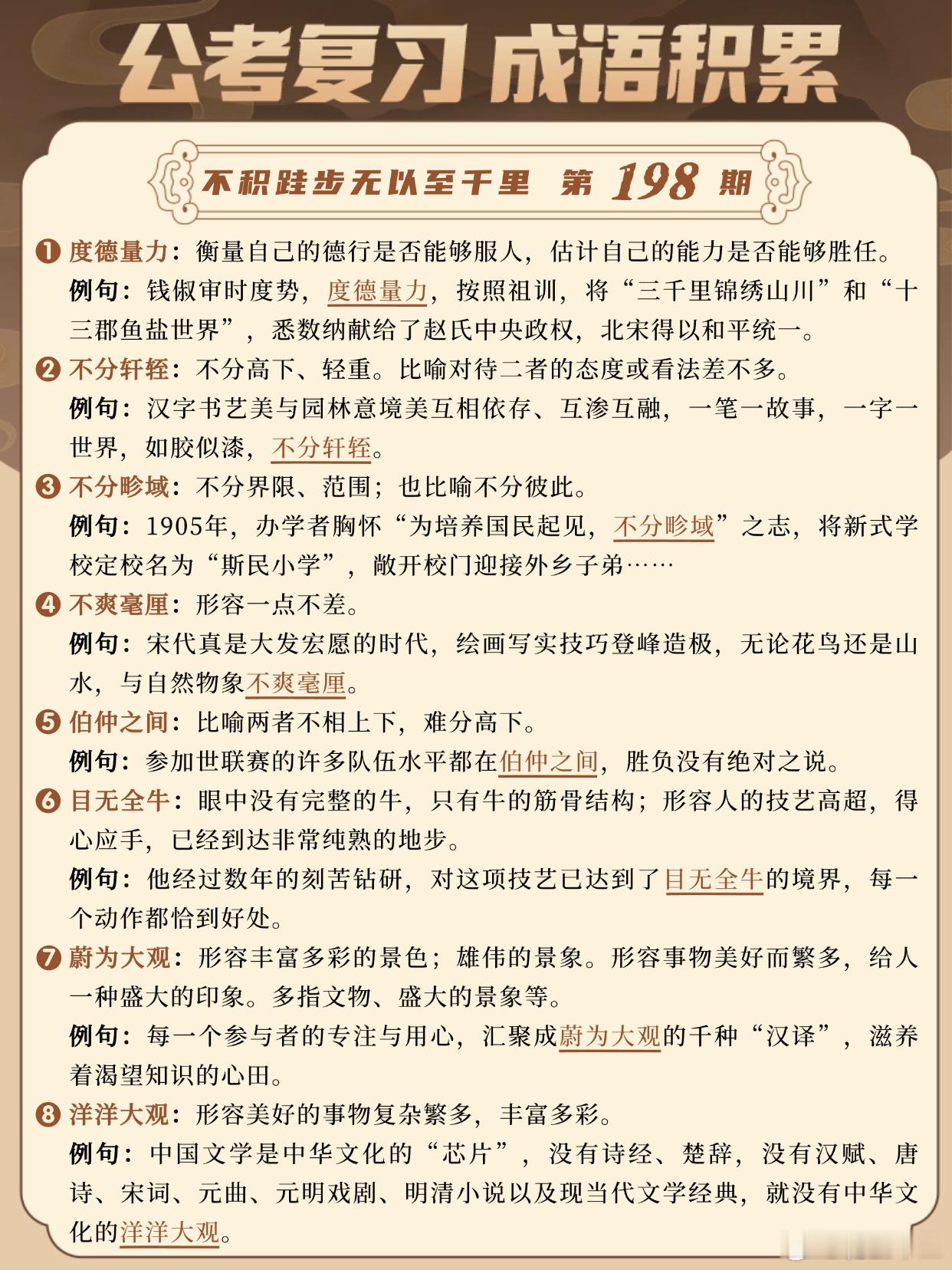 国考成语积累第198天度德量力不分轩轾不分畛域不爽毫厘伯仲之间目无全牛