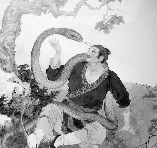 明成化十三年春，有个耍蛇人放生了一条驯养多年的青蛇，多年后耍蛇人路过一山林，与青