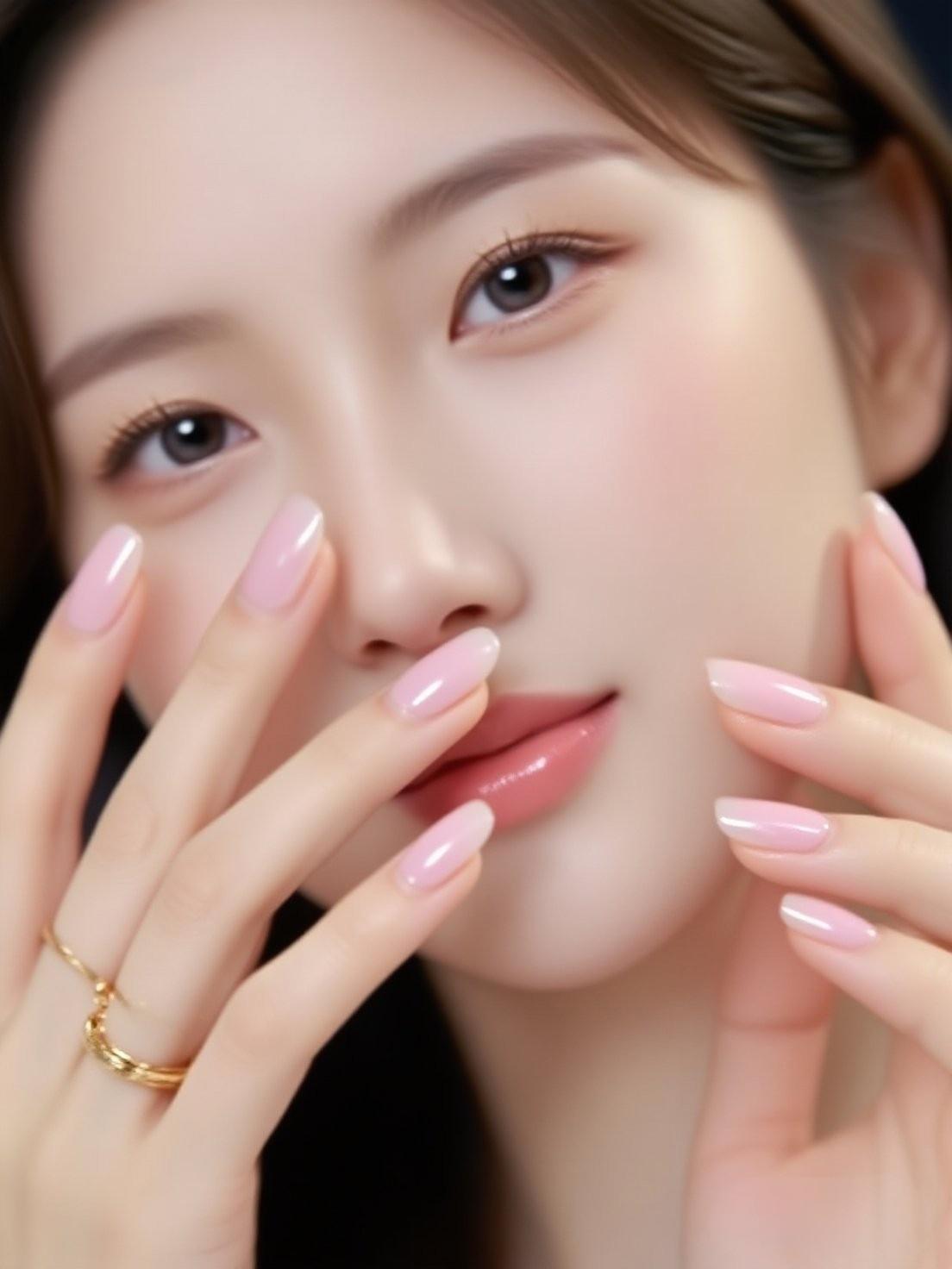 温柔甜美的少女妆容，粉色指甲和金饰点缀，尽显优雅气质。