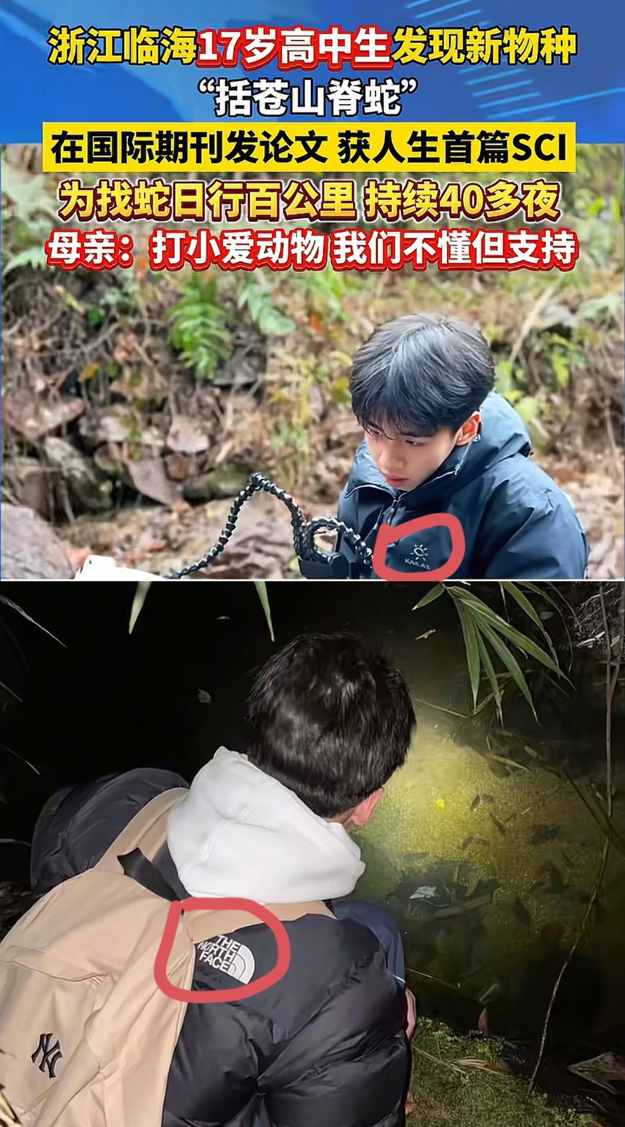 浙江临海，发表SCI、发现新物种的17岁高中生胡家豪，虽然穿凯乐石、北面的羽绒服
