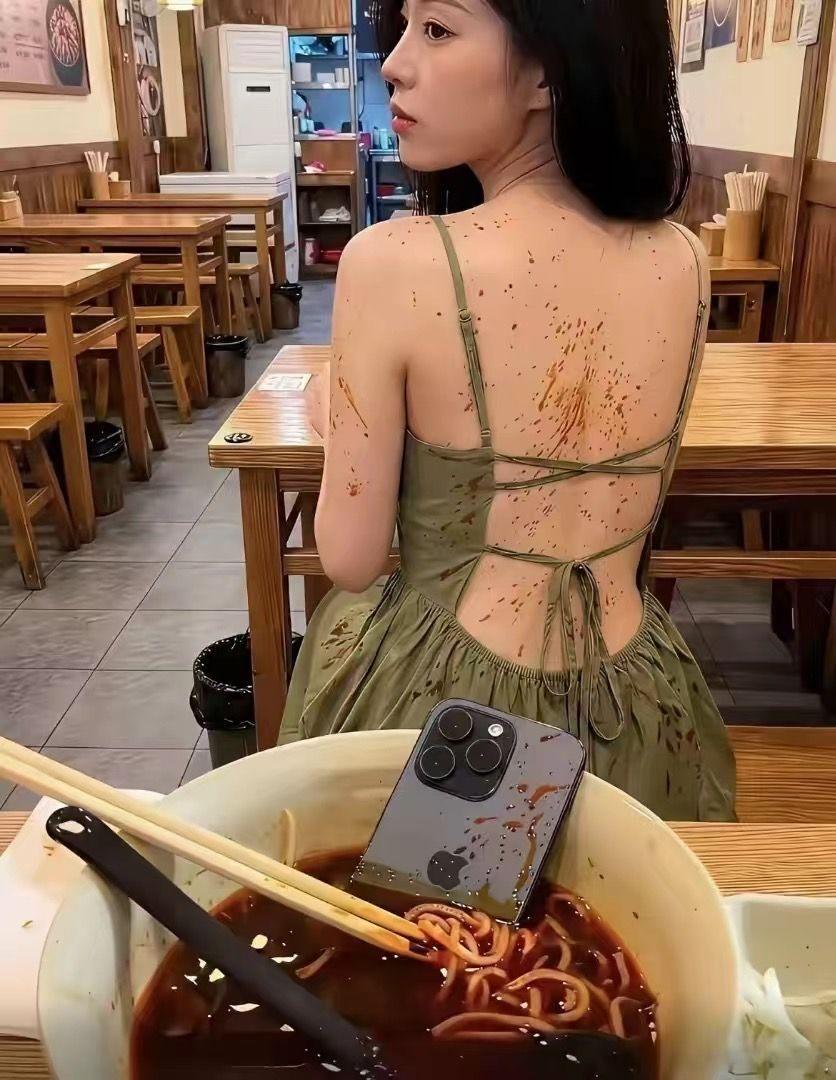 面馆偶遇一位吃面的小姐姐，第一眼看着后背斑驳的红油印记，还以为是别致穿搭。仔细一