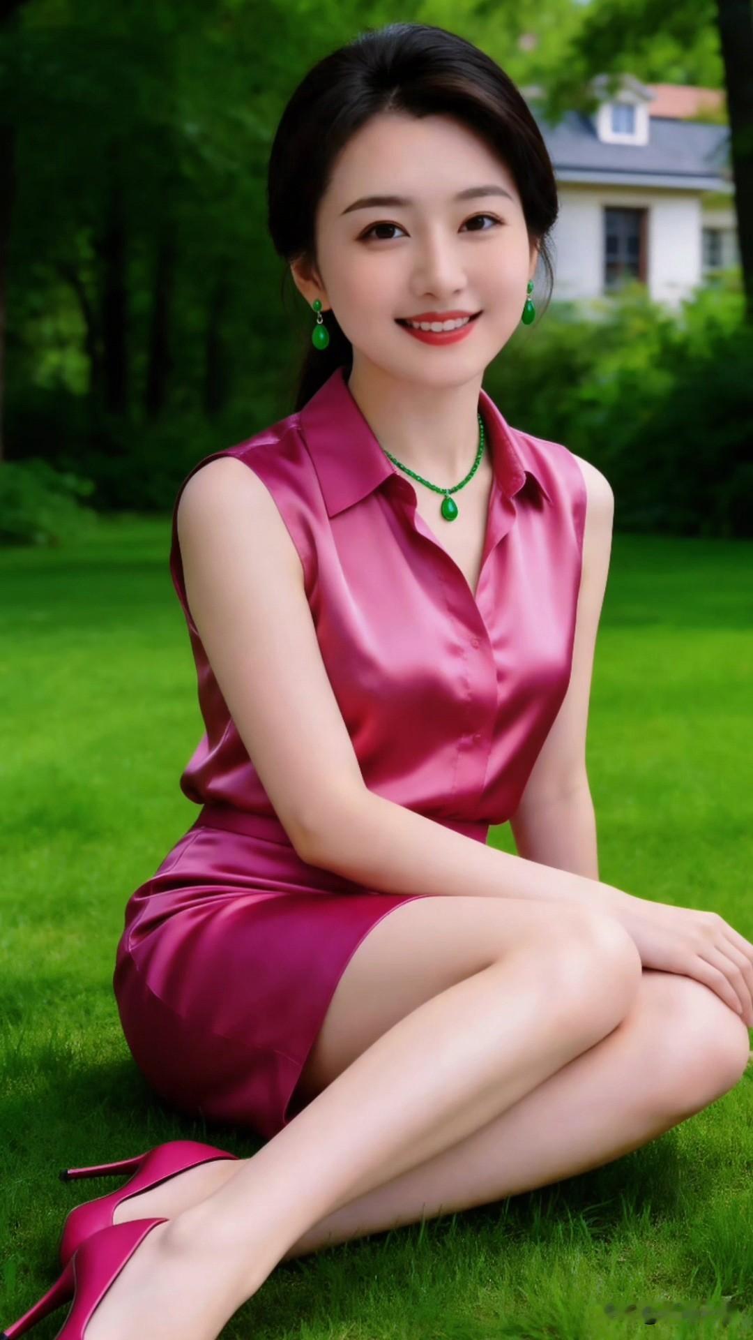 什么样的女性才叫有气质?如同图中女子，简约缎面套裙搭配温润翡翠首饰，静坐草坪眉