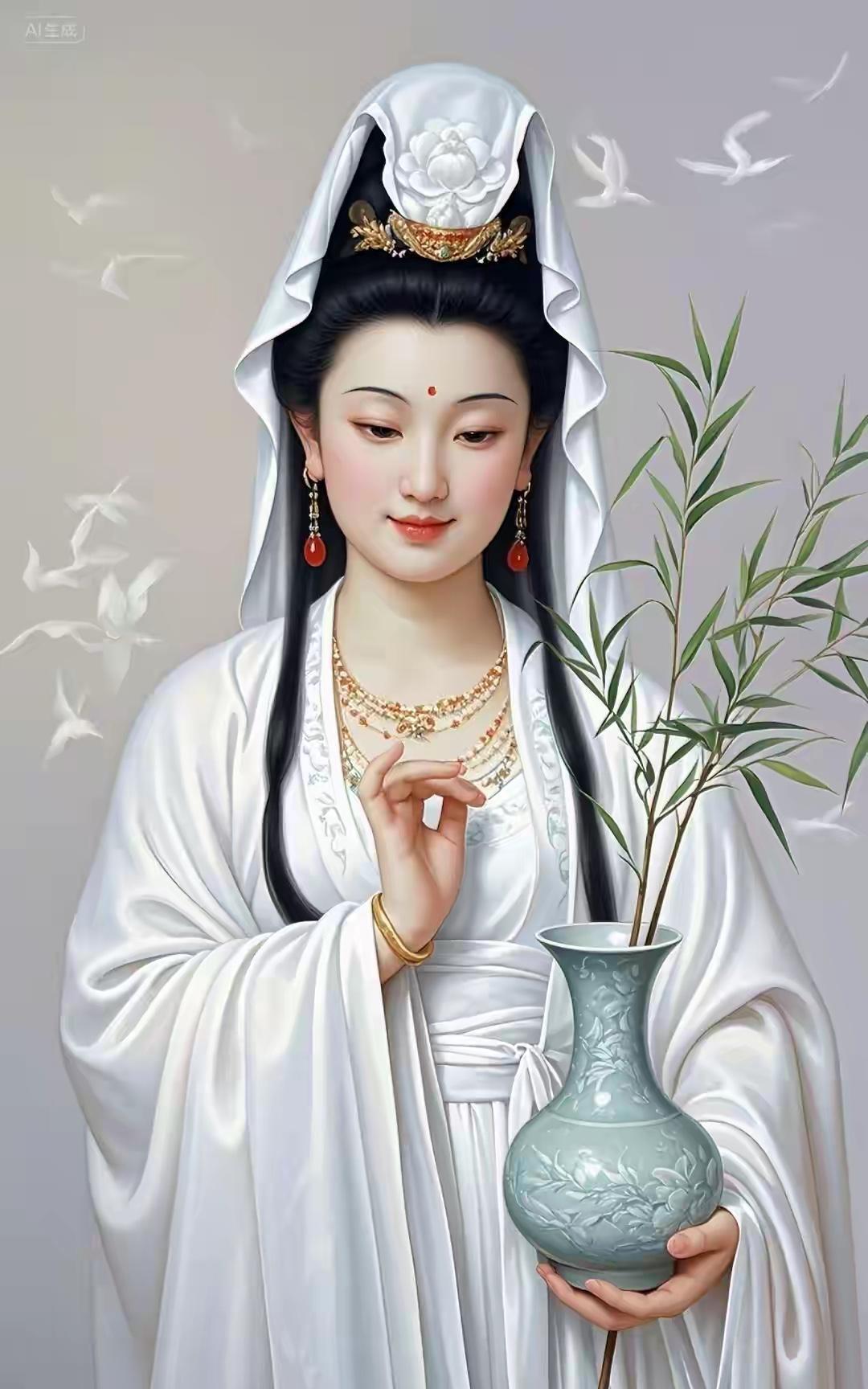 《绝句·画笔下的观音》白衣圣像净无尘，玉瓶杨枝渡世人。慈目含光怜万物，仙禽绕
