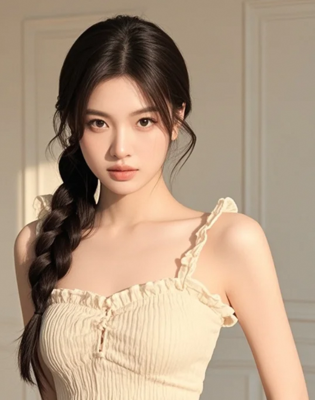 苗条曲线配浅色木耳边：高马尾下的优雅气质