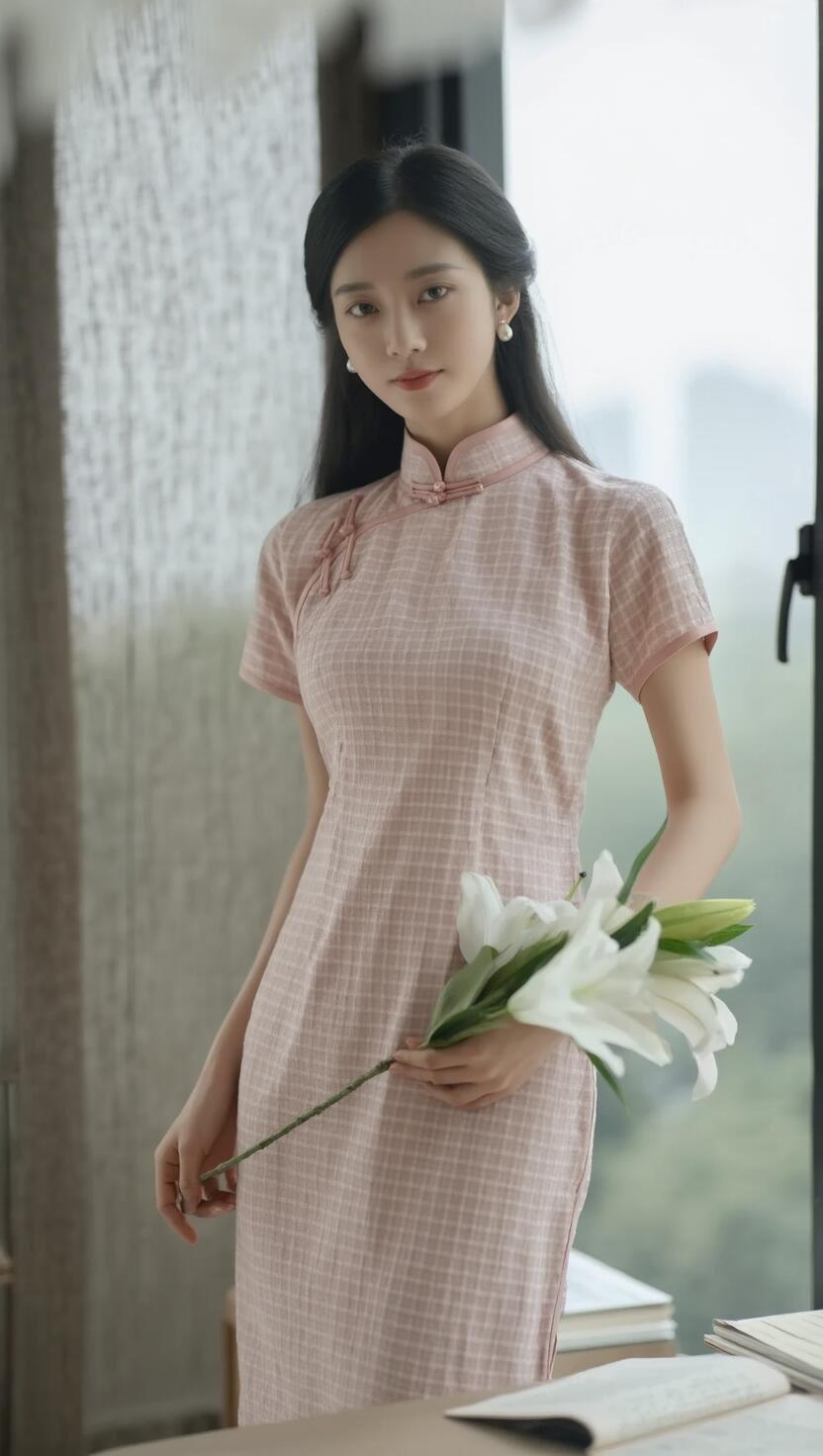 优雅旗袍少女，手捧白花，静谧时光