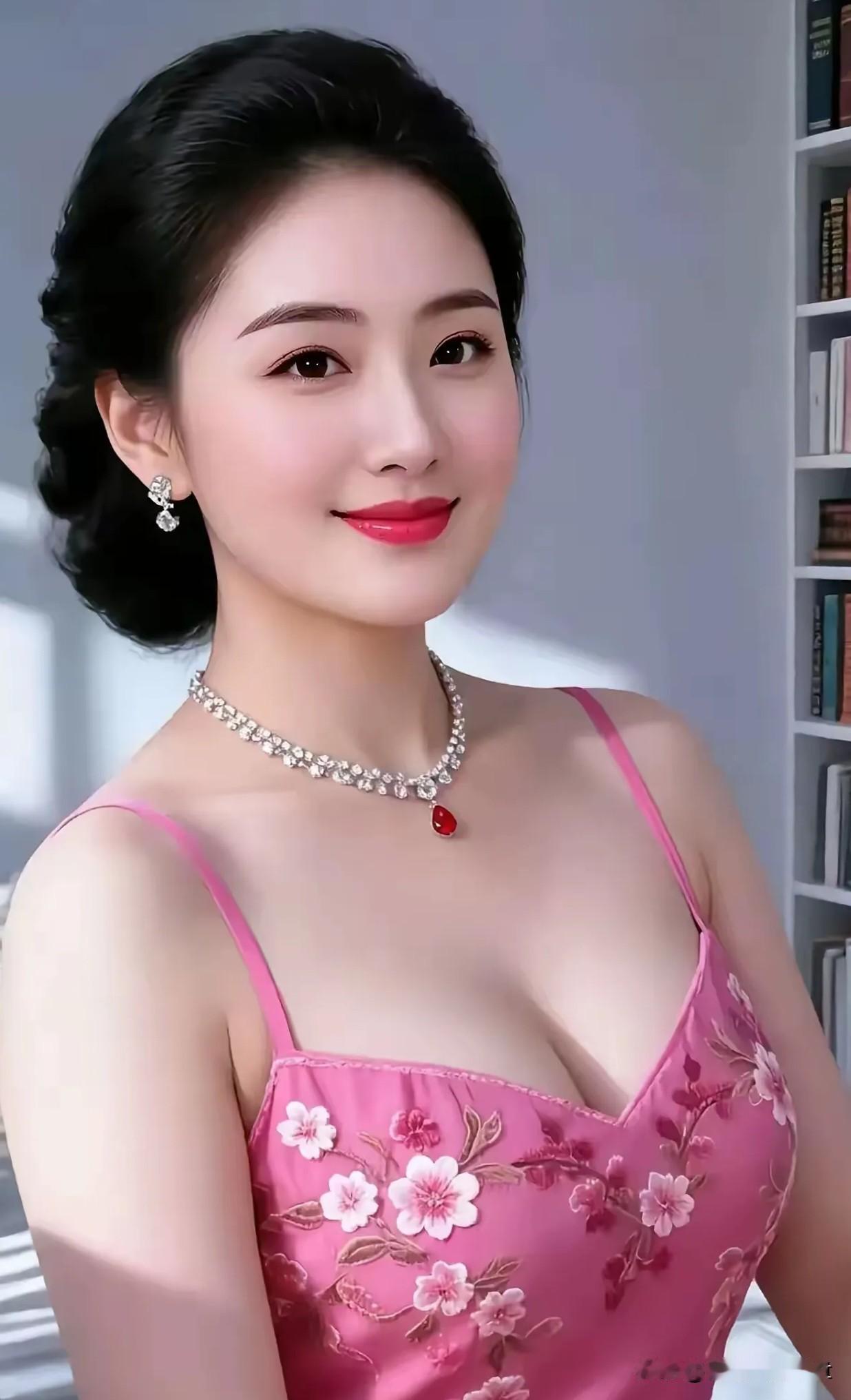 虞美人·艳凝芳云鬟轻挽衬珠光，红宝垂颈映柔肠。粉衫绣尽桃花色，一室书香衬