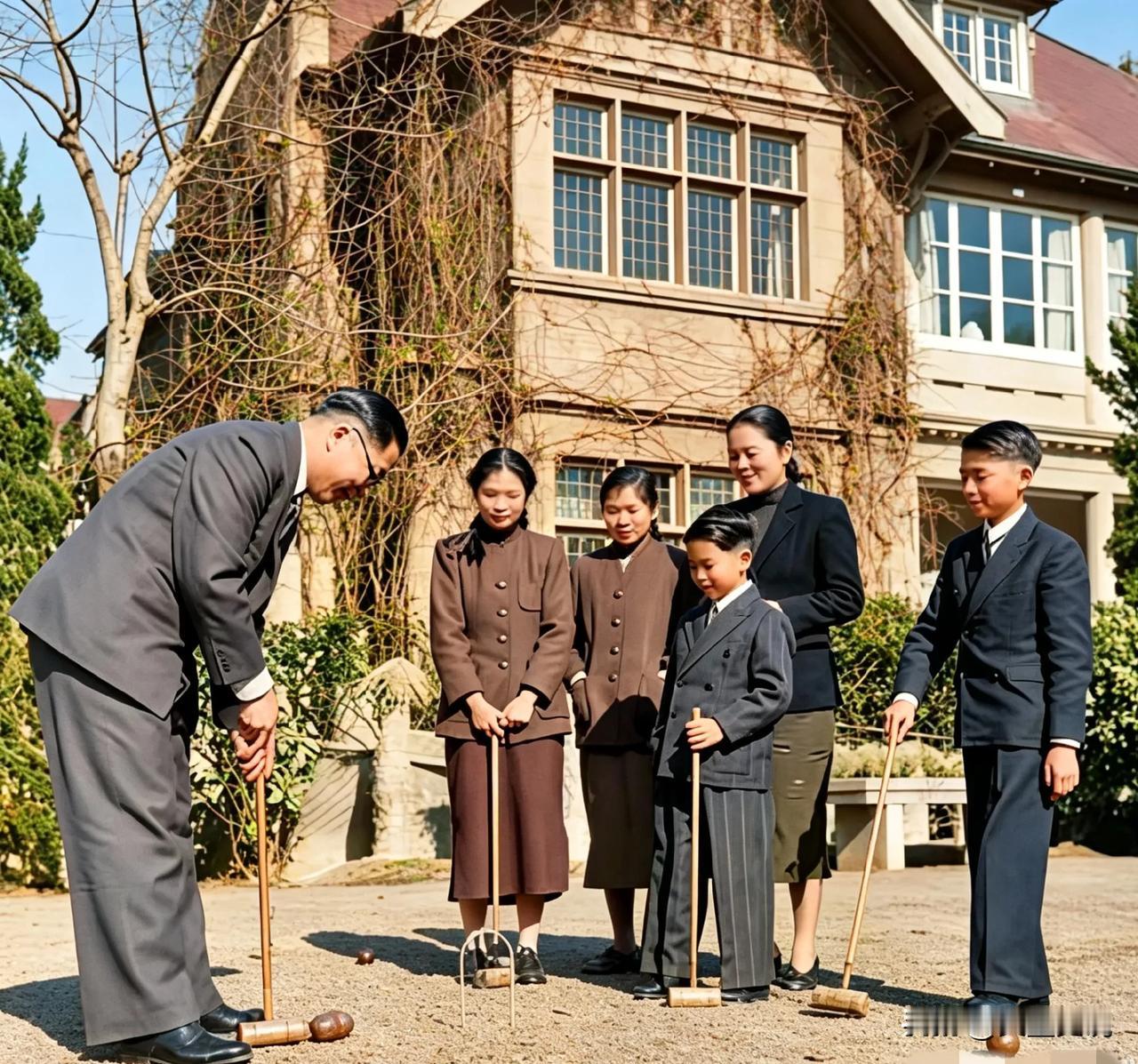 一张民国时期1947年的彩色修复老照片。这一天，春阳落在安福路201号官邸的草