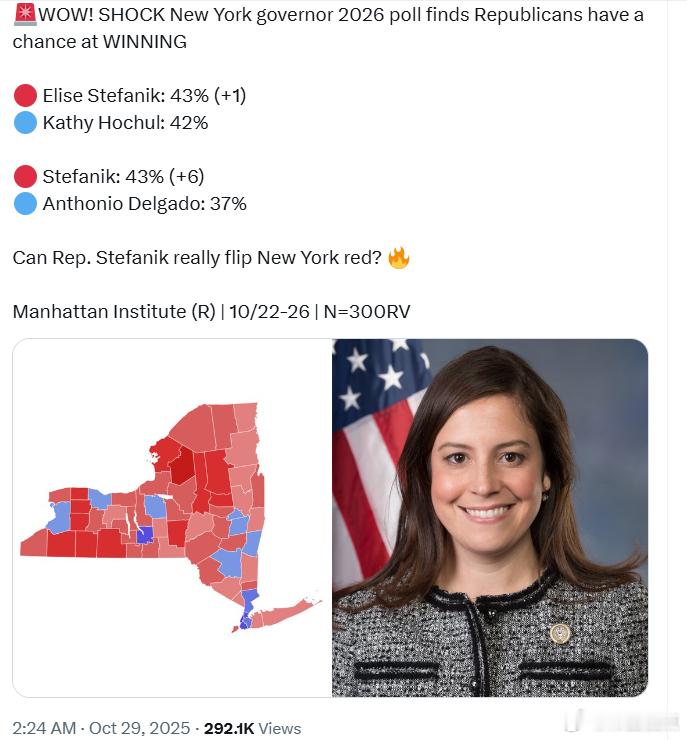 最新纽约州州长2026年选举民调显示,共和党有望获胜!🔴伊莉丝·斯特凡尼克: