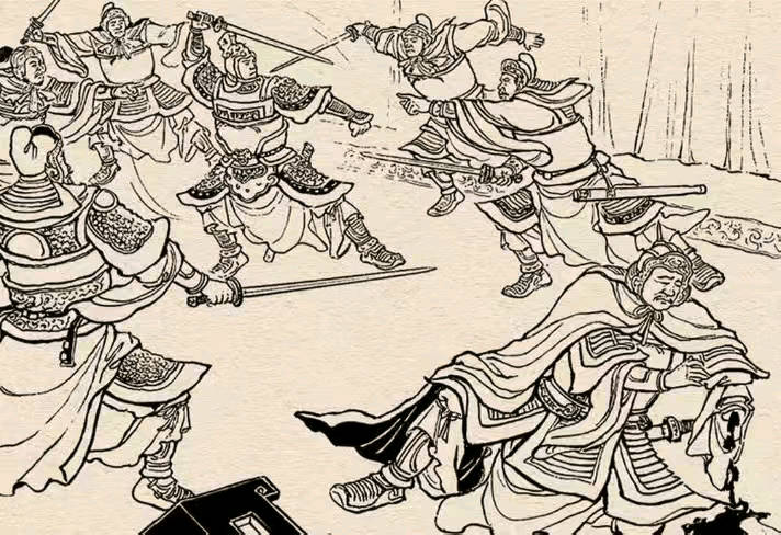 三国大帐论剑。在一座中军大帐内，几个顶盔贯甲的战将各持宝剑打作一团，有的使出仙