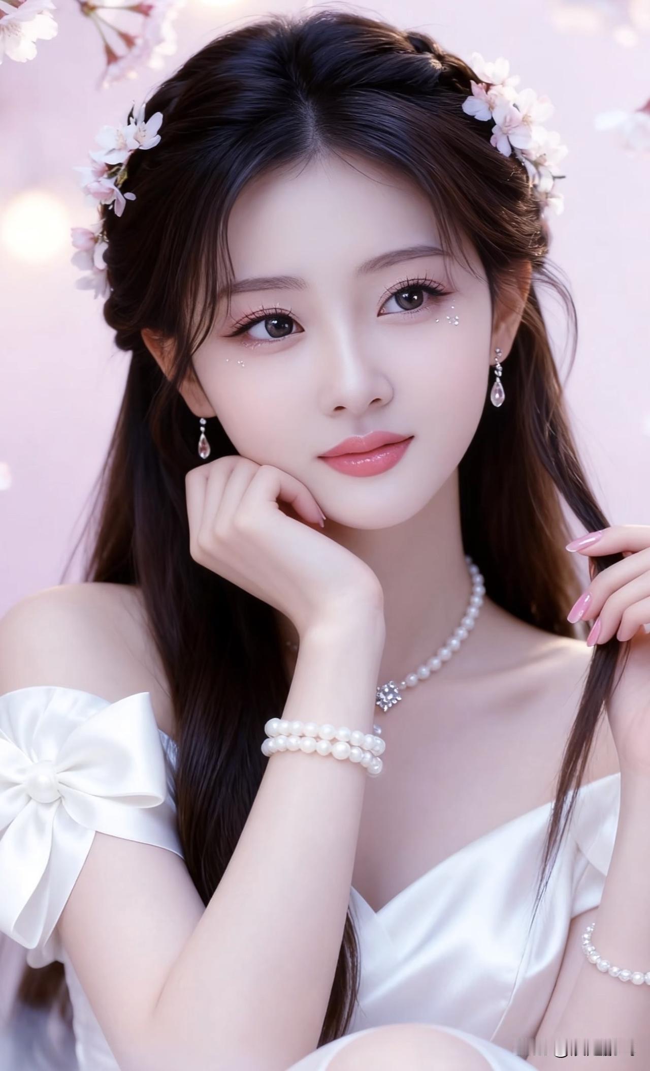 梦幻少女风，樱花发饰与珍珠饰品相得益彰，甜美动人。温柔气质发饰少女甜美发饰温