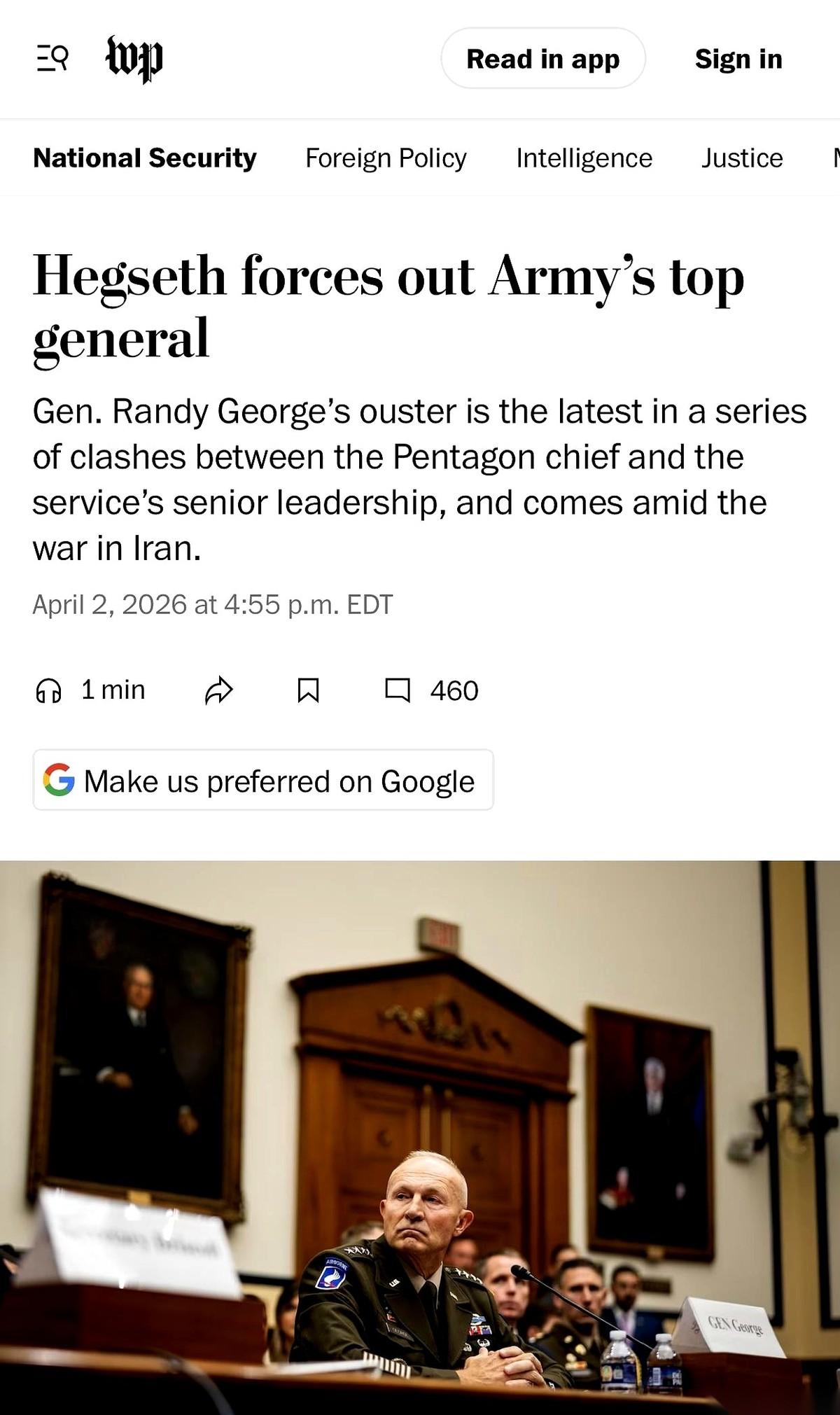 美军陆军参谋长，四星上将兰迪·乔治，被国防部长皮特·赫格塞斯直接通知：你可以提前