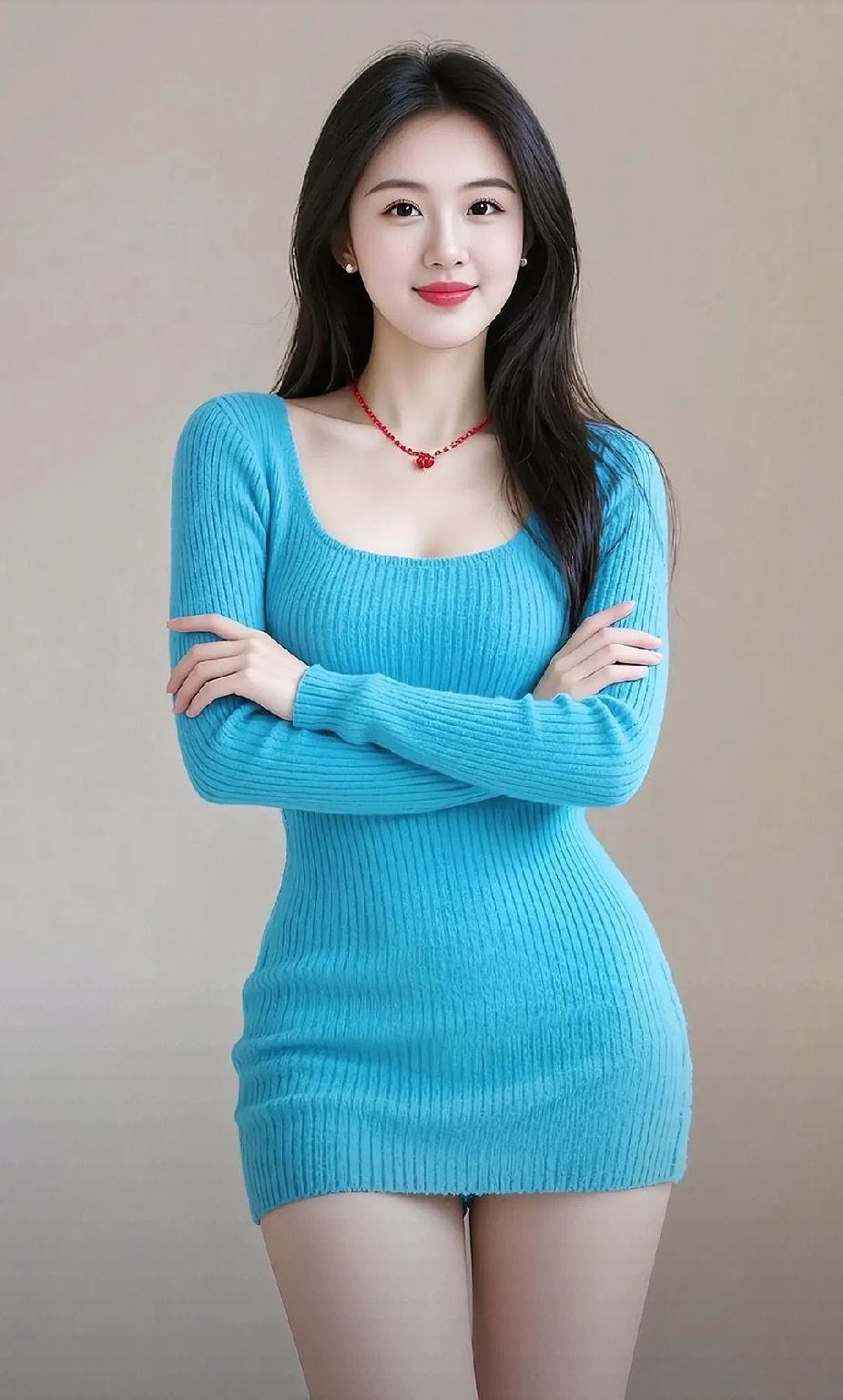 温柔甜美的蓝调连衣裙，搭配红色项链，元气满满！