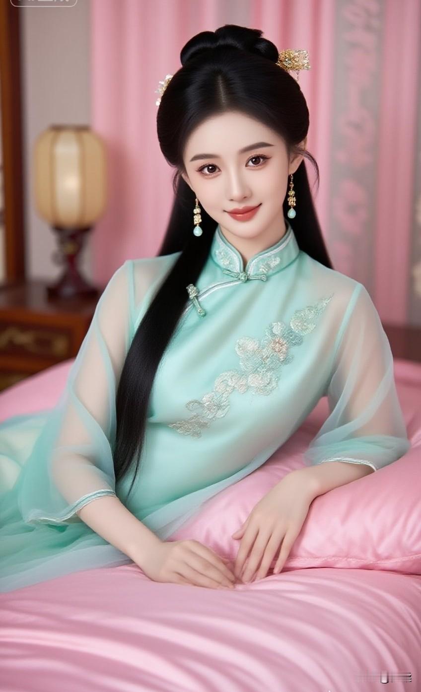 温柔古典美人，浅蓝旗袍，优雅气质，梦回古代