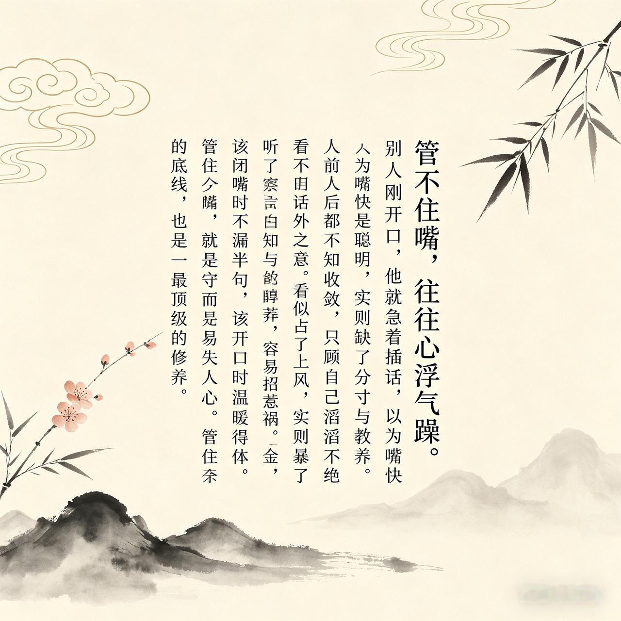 管不住嘴，往往心浮气躁。别人刚开口，他就急着插话，以为嘴快是聪明，实则是缺了分