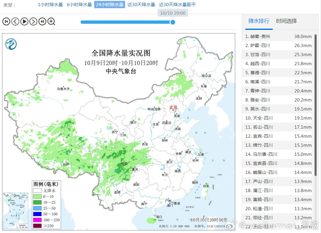 【降水】昨晚到今天，海南的降雨大幅缩减，而四川一带的降水发展增多。24小时降水榜