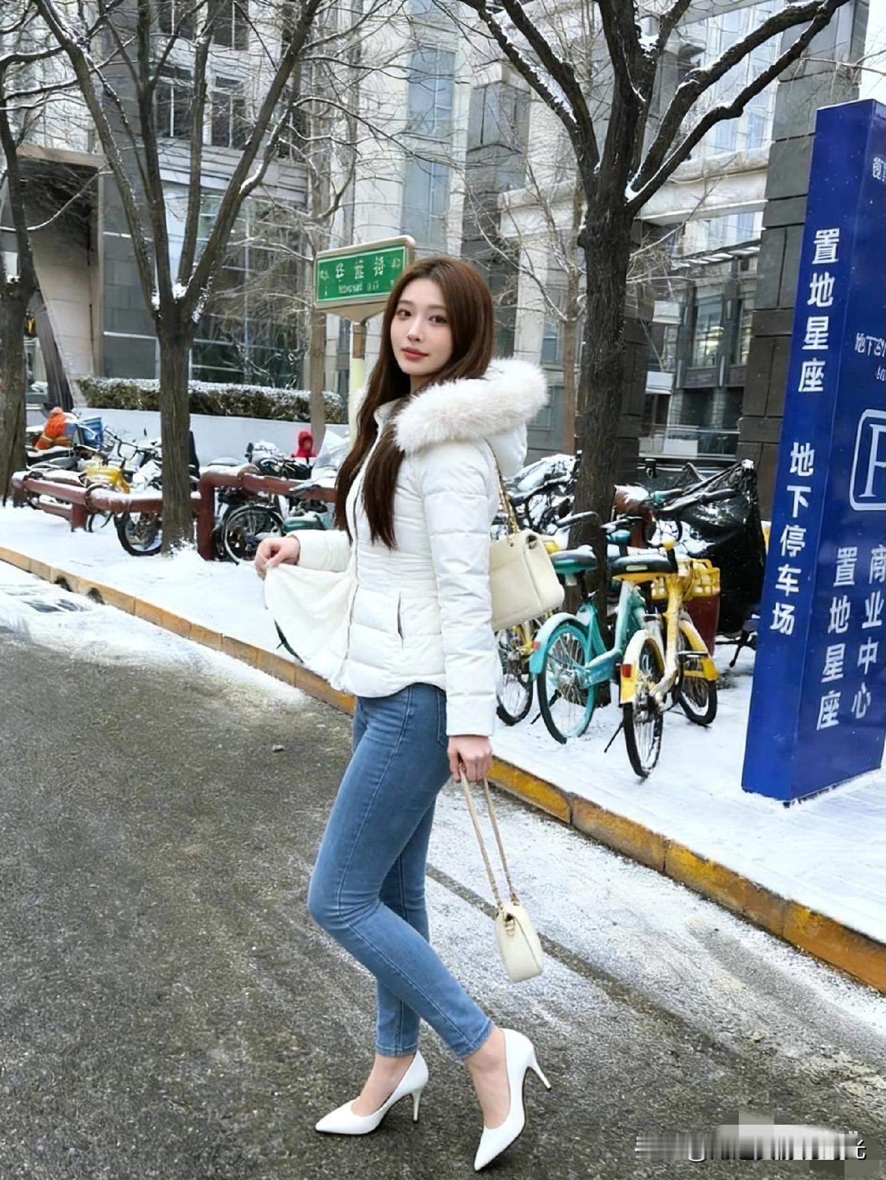 冬日穿搭指南：白色羽绒服+牛仔裤，温暖又时尚！🌨️👗👠