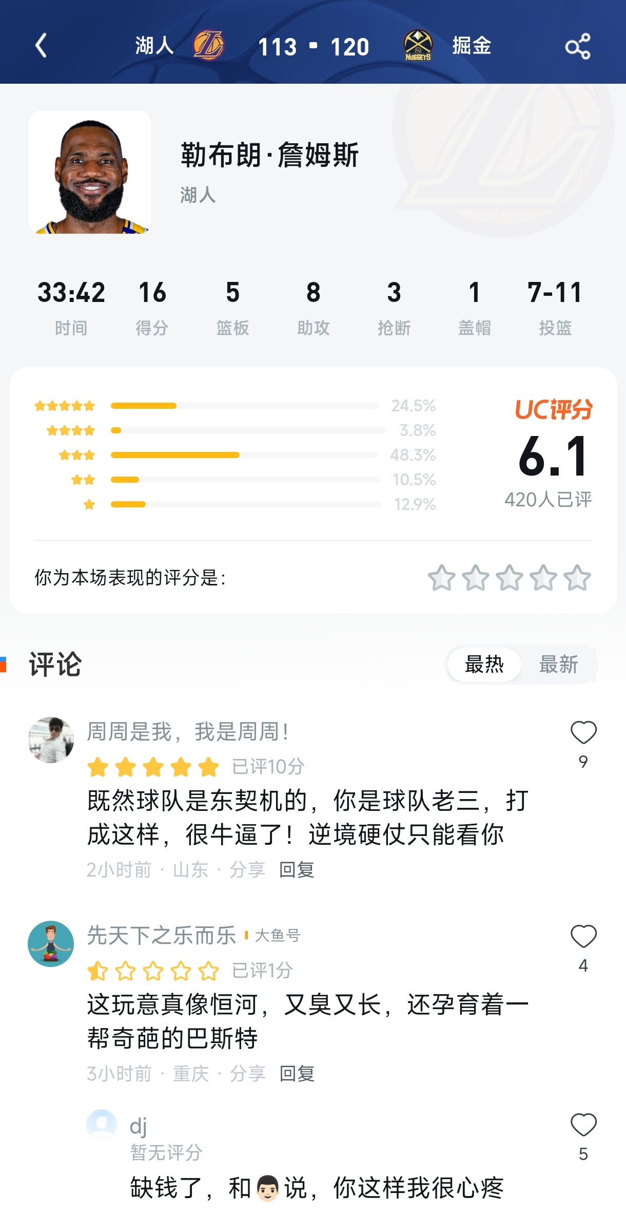 6.1分！老詹“里程悲”之夜遭UC打分羞辱，球迷怒喷：最后时刻在演谁？