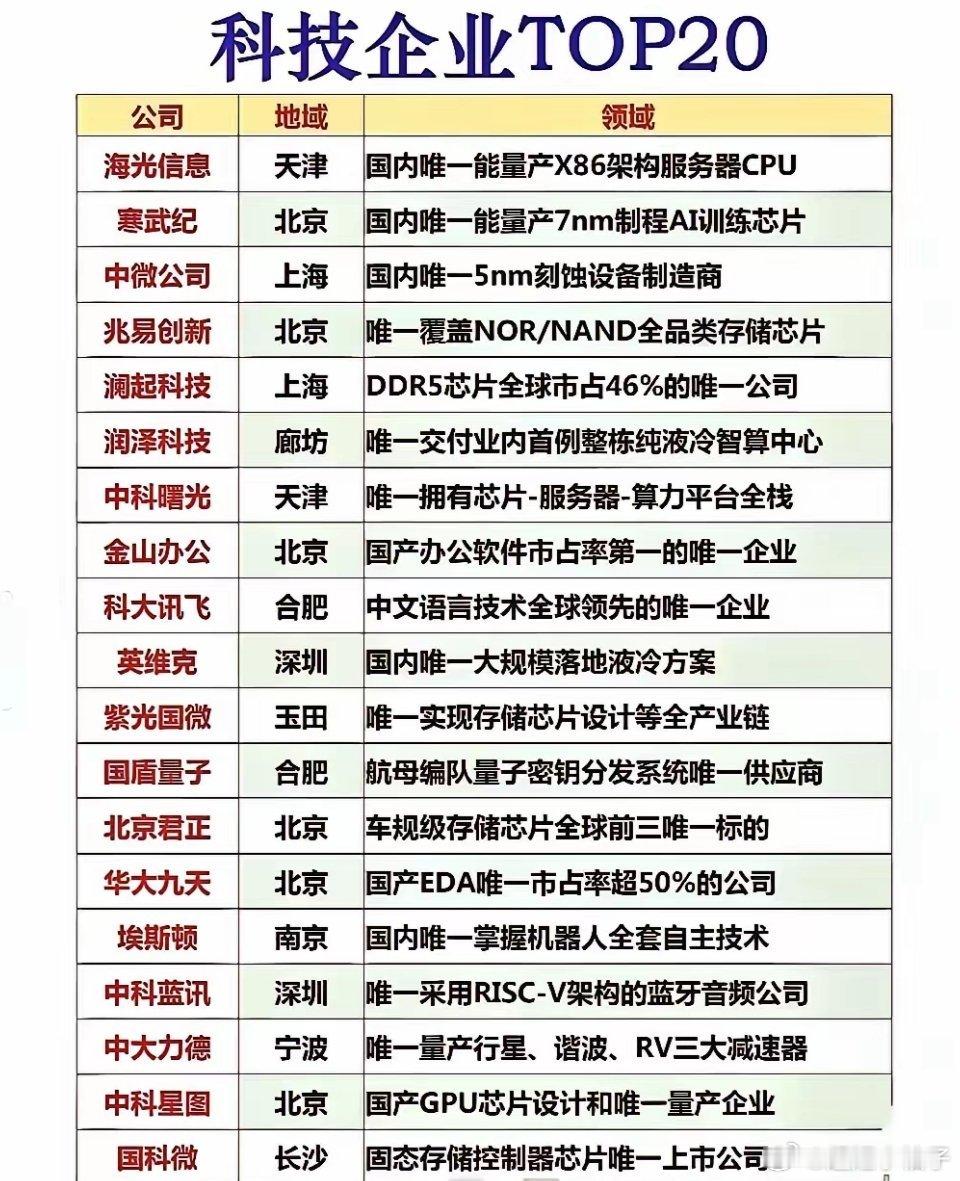 硬核突围｜具备技术壁垒的国产科技企业TOP20企业覆盖芯片、EDA、量子、机器人、液冷等核心赛道。海