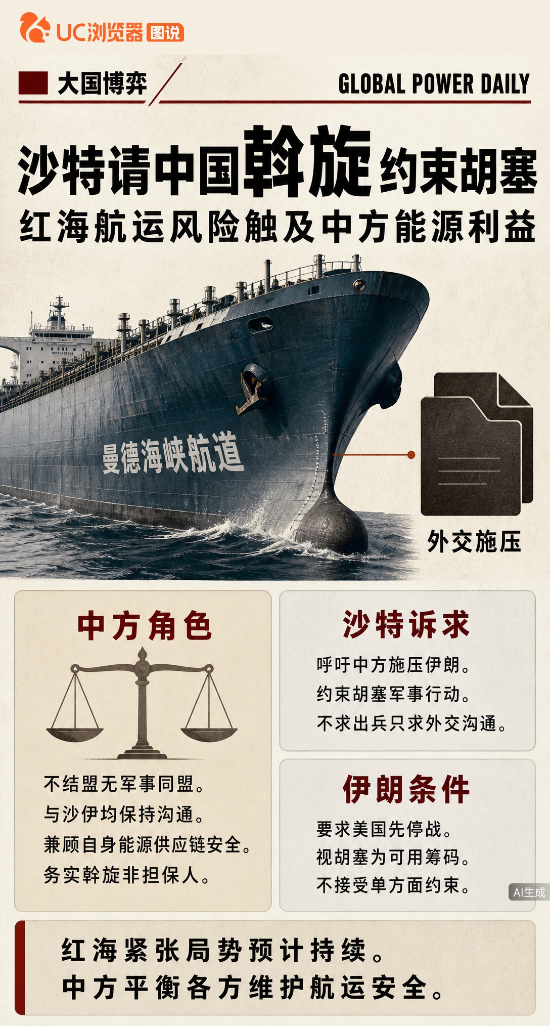 据路透社曝，沙特呼吁中方施压伊朗约束胡塞。美方拒出兵后，沙特转向中国求外交斡旋。但伊朗把“美国停战”