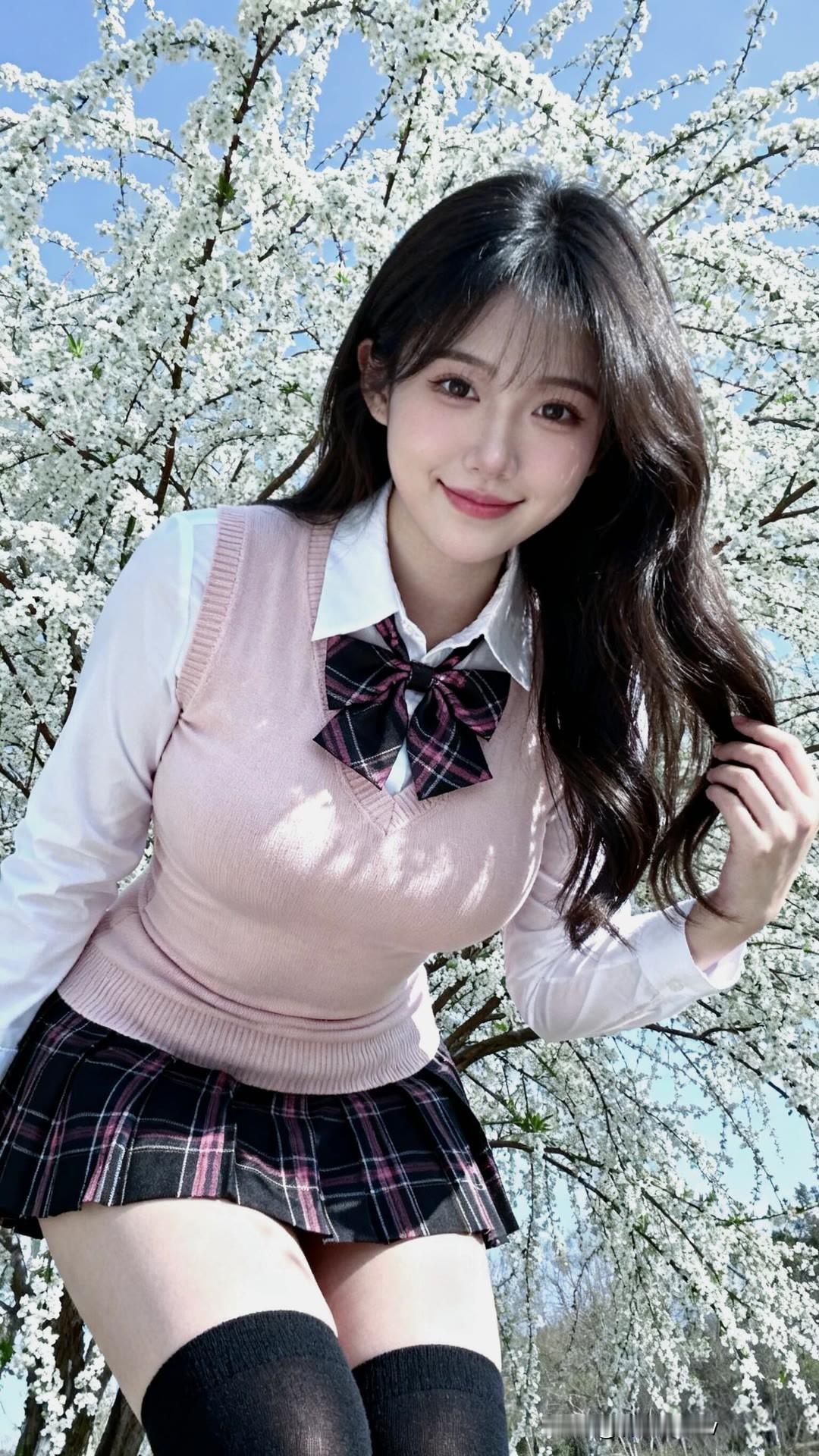 樱花树下，少女甜美微笑，青春洋溢