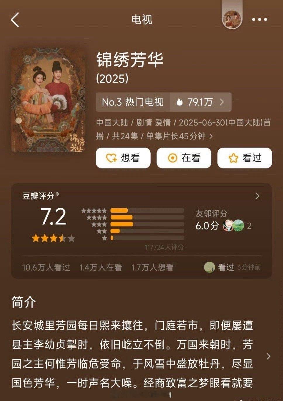 锦绣芳华仿妆里年龄最小的出现了锦绣芳华开分7.2，打分人数只有11万多，主演的仇
