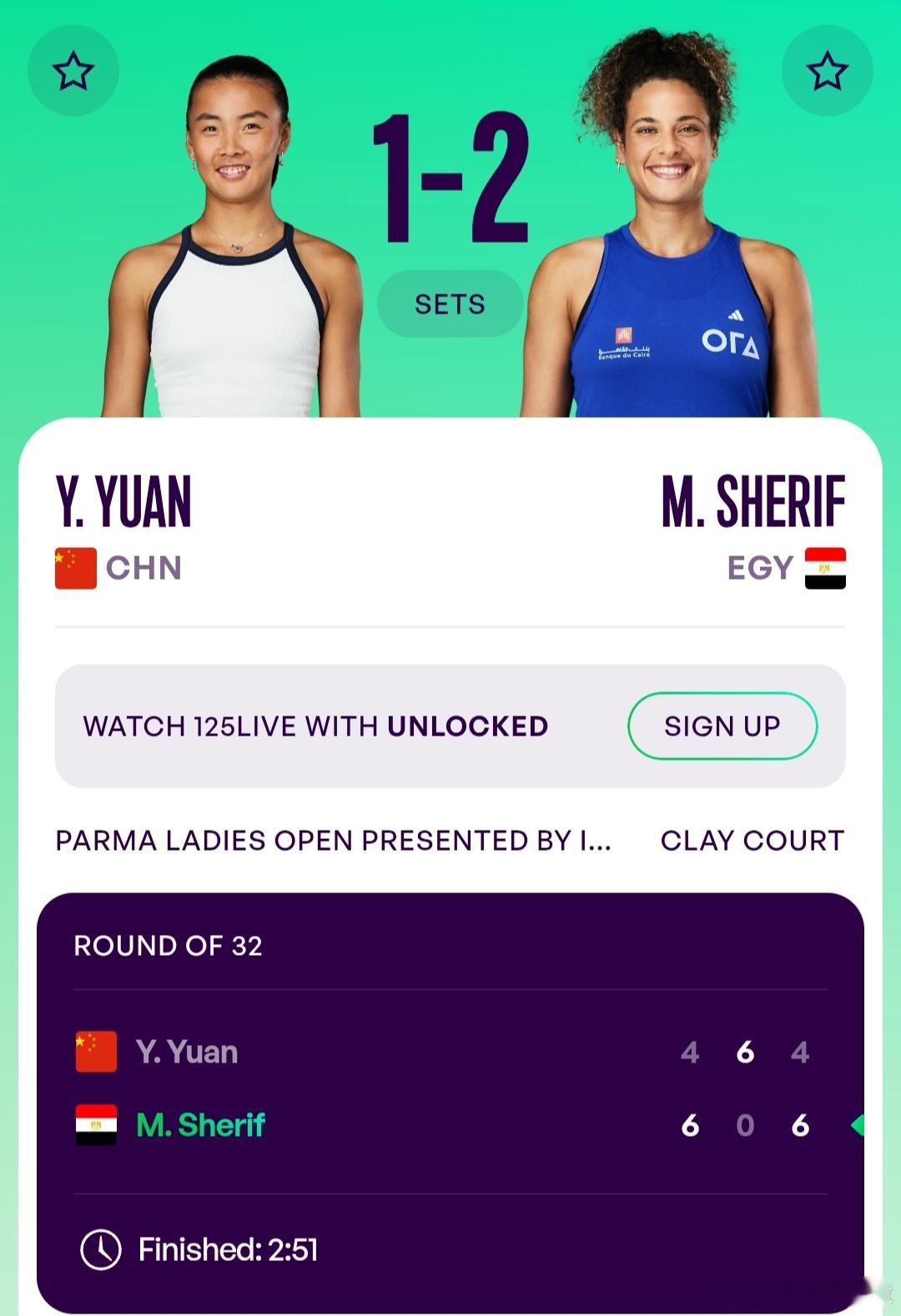 WTA125帕尔马站🇮🇹女单第1轮袁悦🇨🇳4-6/6-0/4-6不敌谢里