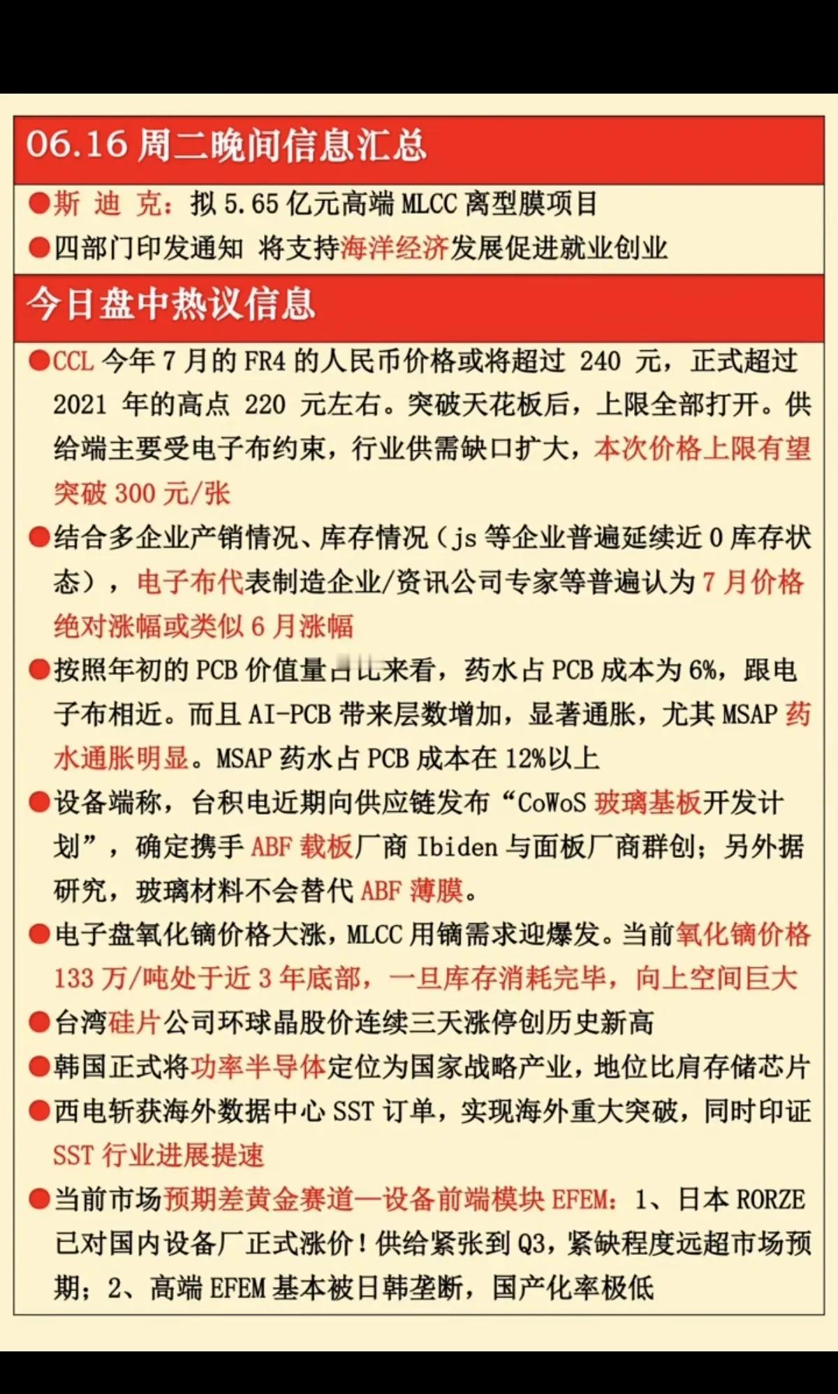 6.16晚间产业消息汇总，算力上游材料全线迎来涨价催化6月16日晚间多条产