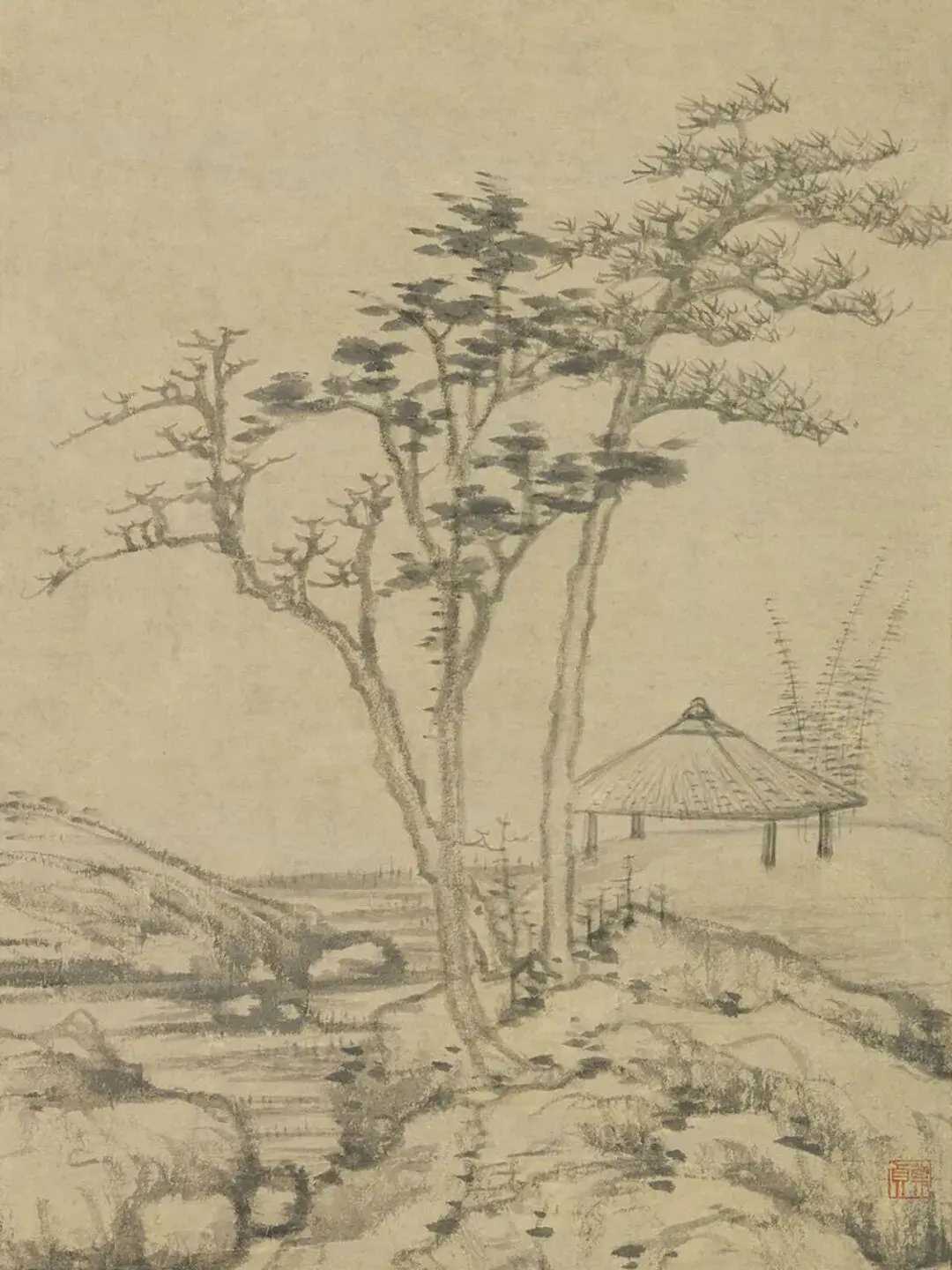 倪瓒的空亭。空亭，是山水画中最小的建筑，也是最空的容器。它不似寺院为神而筑，也不