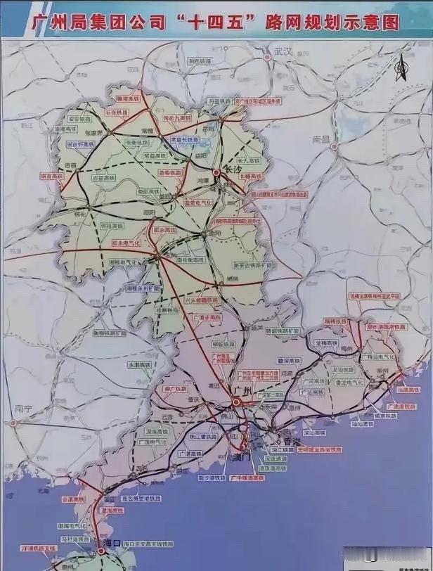 从广东铁路规划图可以看岀，广东的铁路规划大多与湖南对接，也就是广东大多规划通往湖